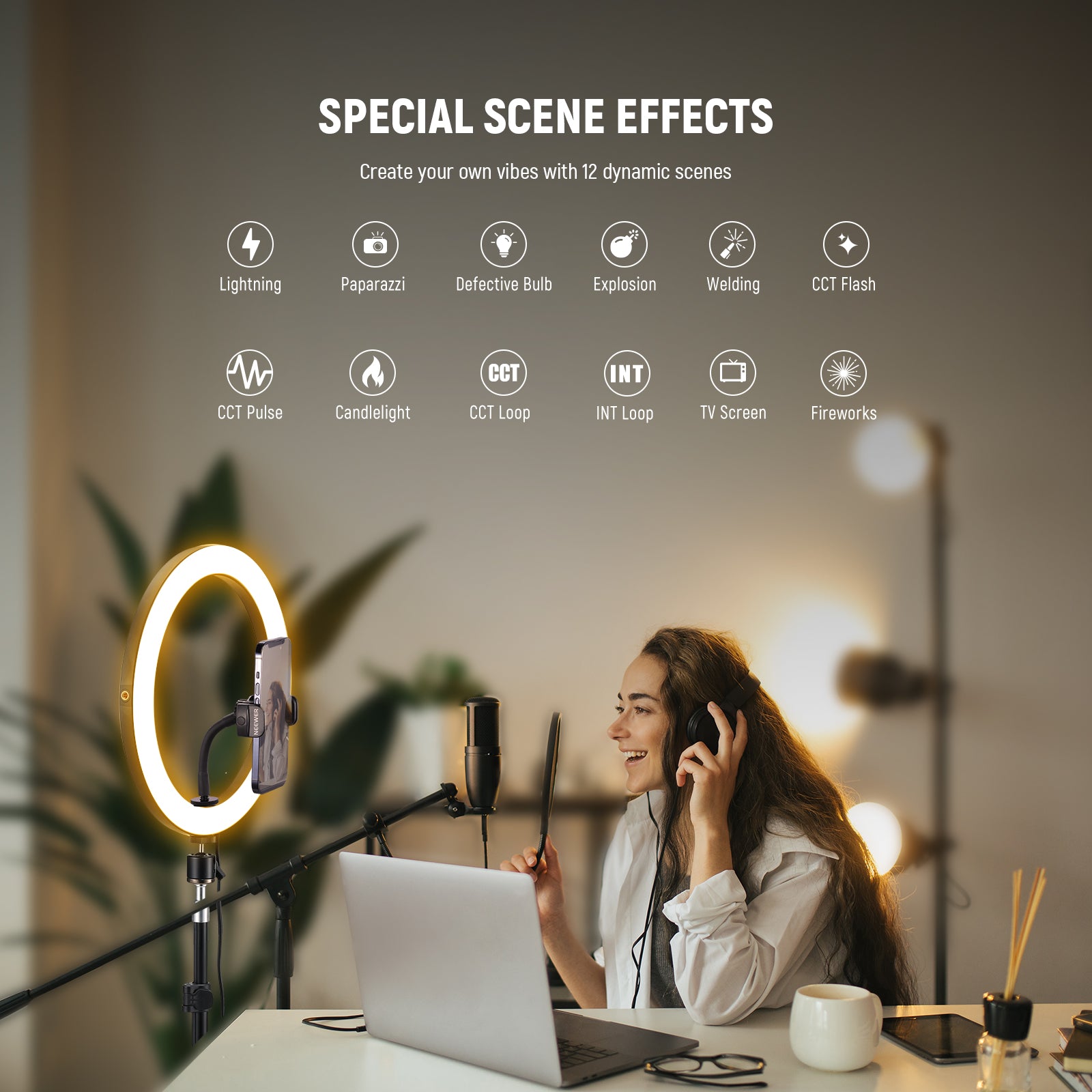 NEEWER RH12B Bi Color LED Ring Light features 12 realistic scene effects.