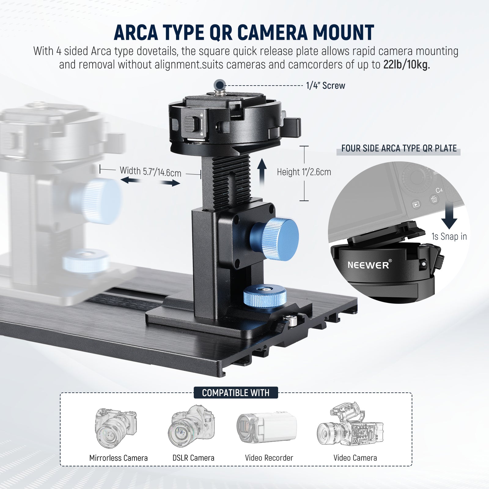 The 1/4" screw suits cameras and camcorders of up to 22lb/10kg.