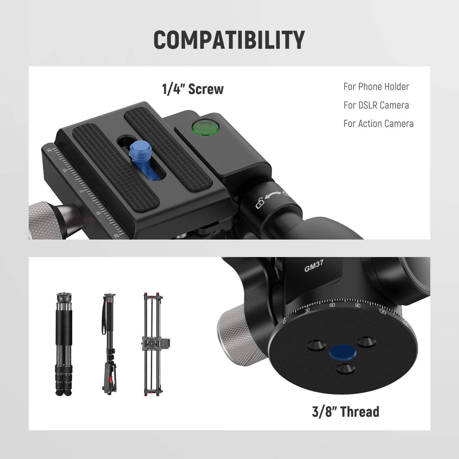 Attach the mounting plate to your DSLR camera, mirrorless camera, or cinema camera via the 1/4" screw