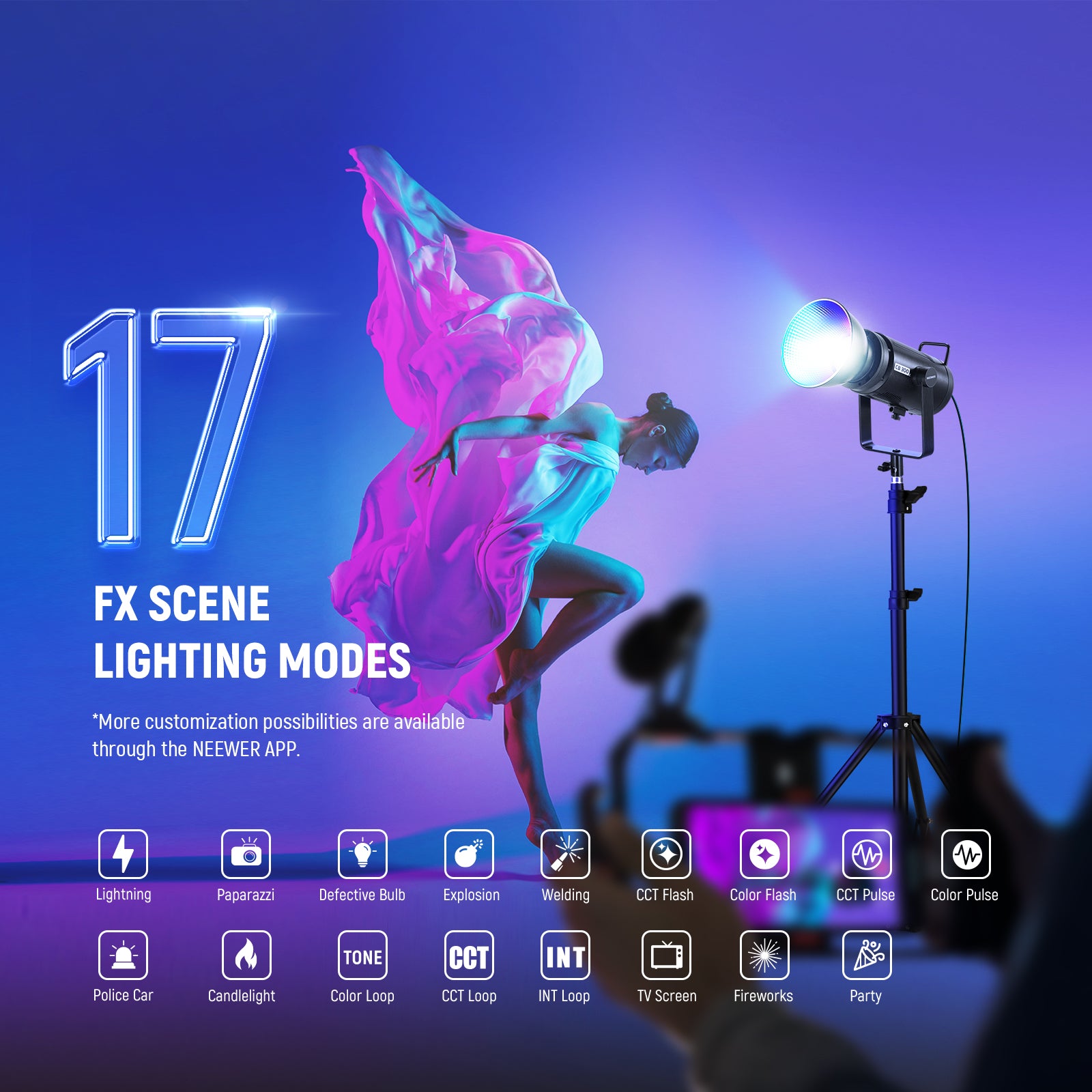 NEEWER CB300C RGB COB continuous light has bulit in 17 scene modes