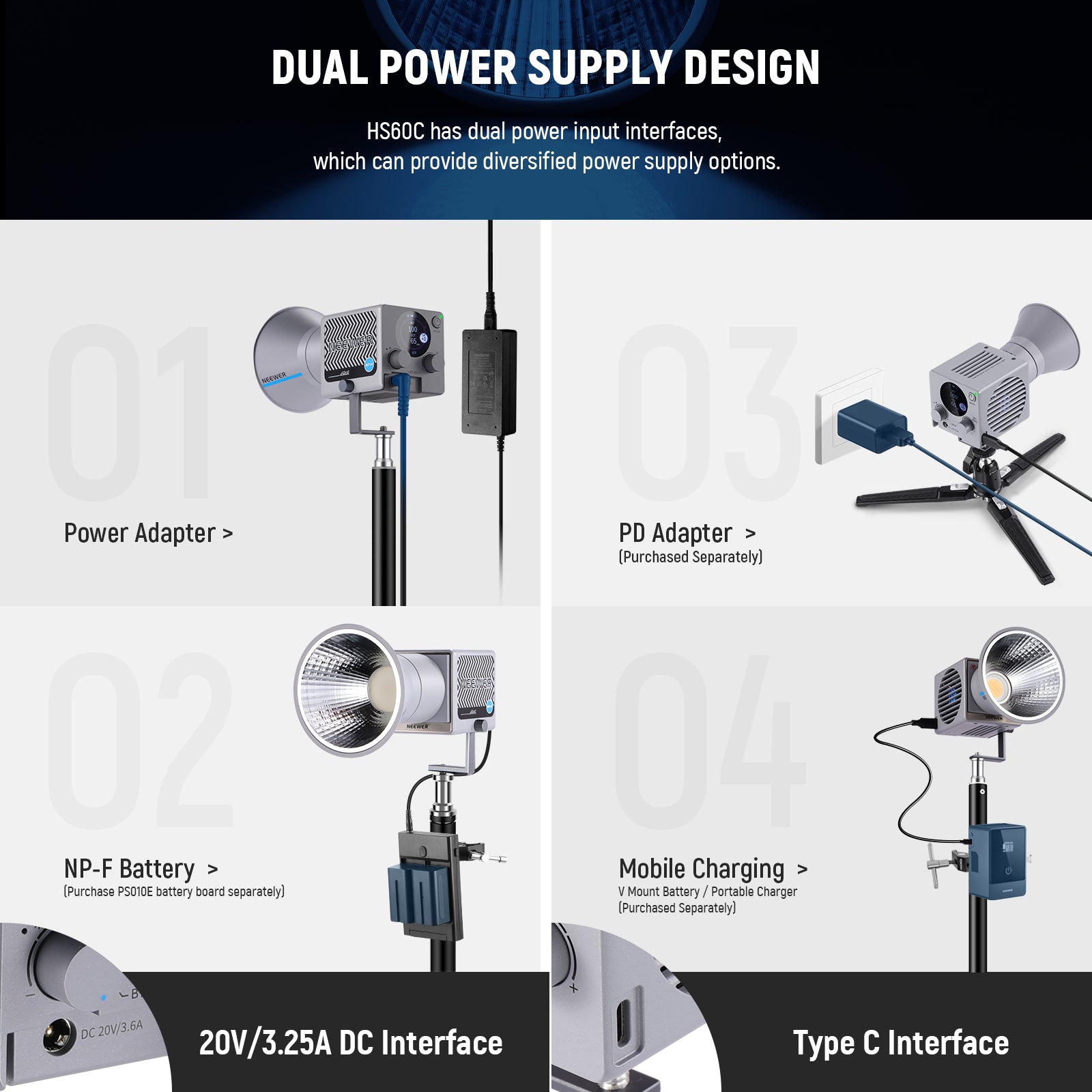 NEEWER HS60C Portable LED Video Light features dual power supply design