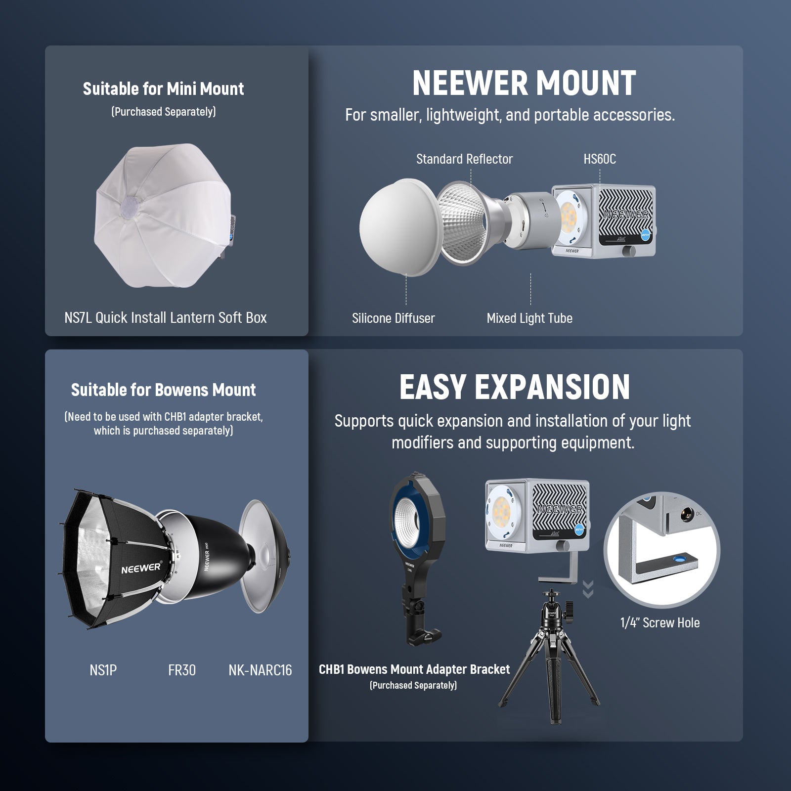 NEEWER HS60C Mini RGB Light is easy to expand.