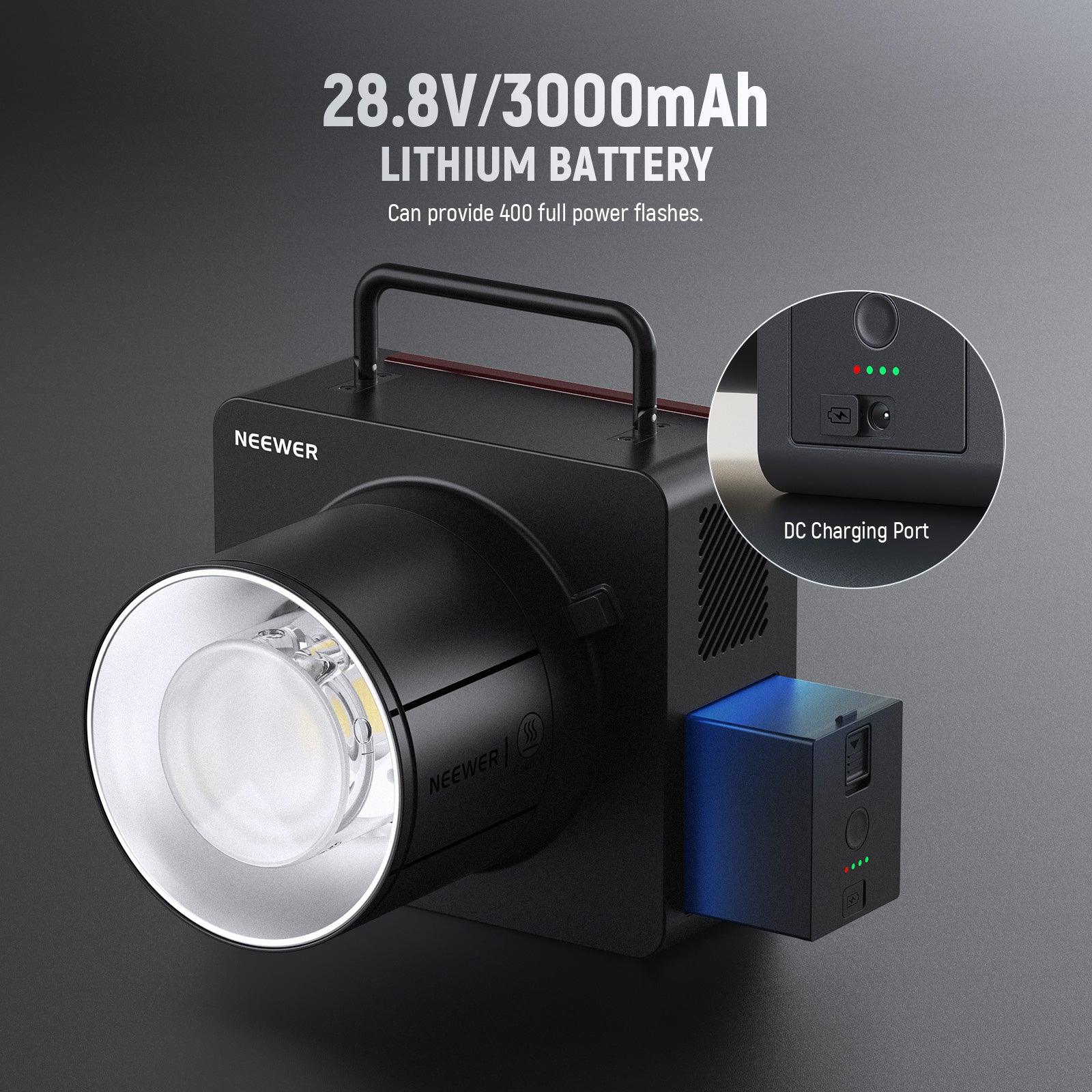 The 28.8V/3000mAh battery provides 400 full power flashes