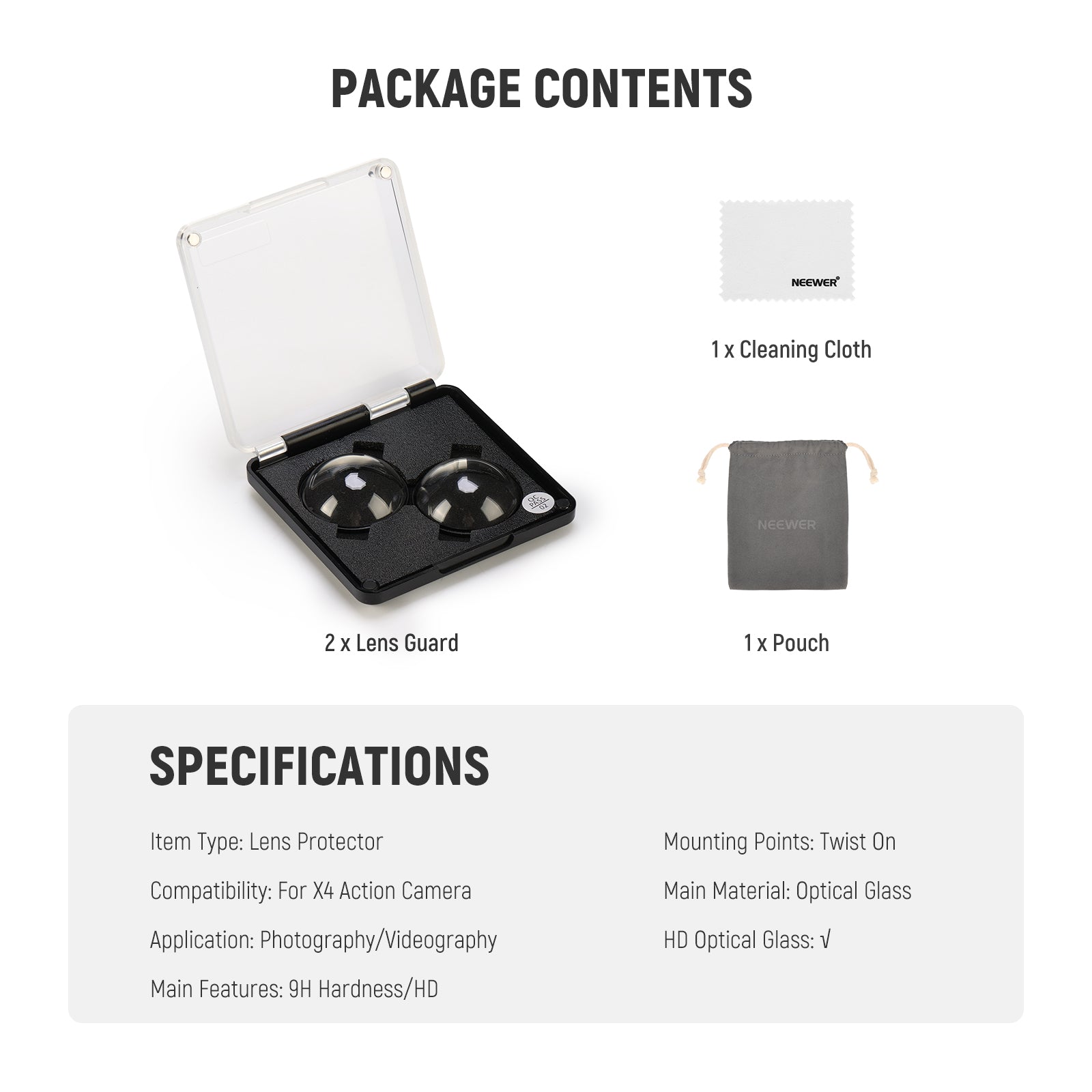 Package Contents of the NEEWER LPC01 Lens Protectors For Insta360 X4