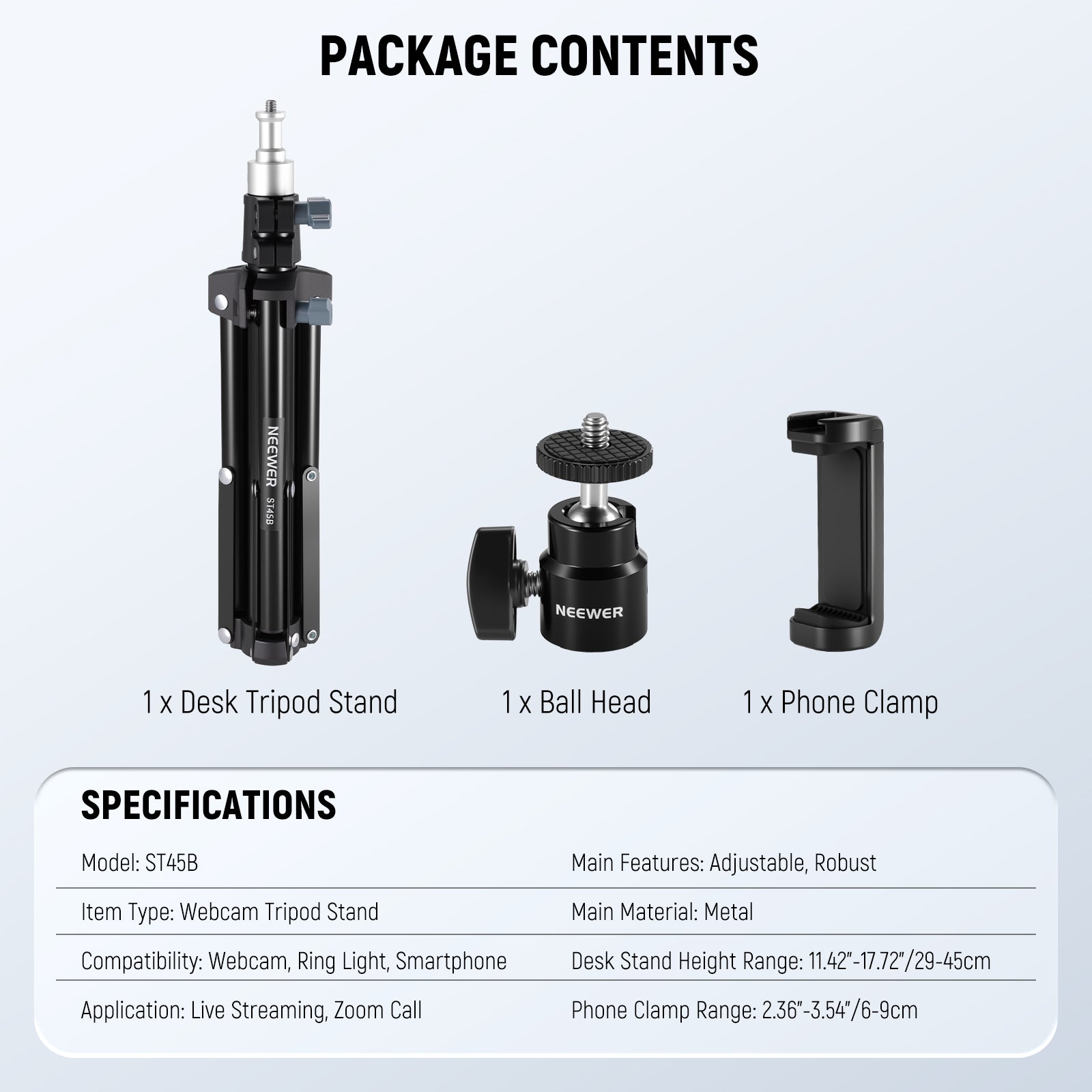 Package Contents of the NEEWER ST45B Adjustable Desktop Tripod Stand