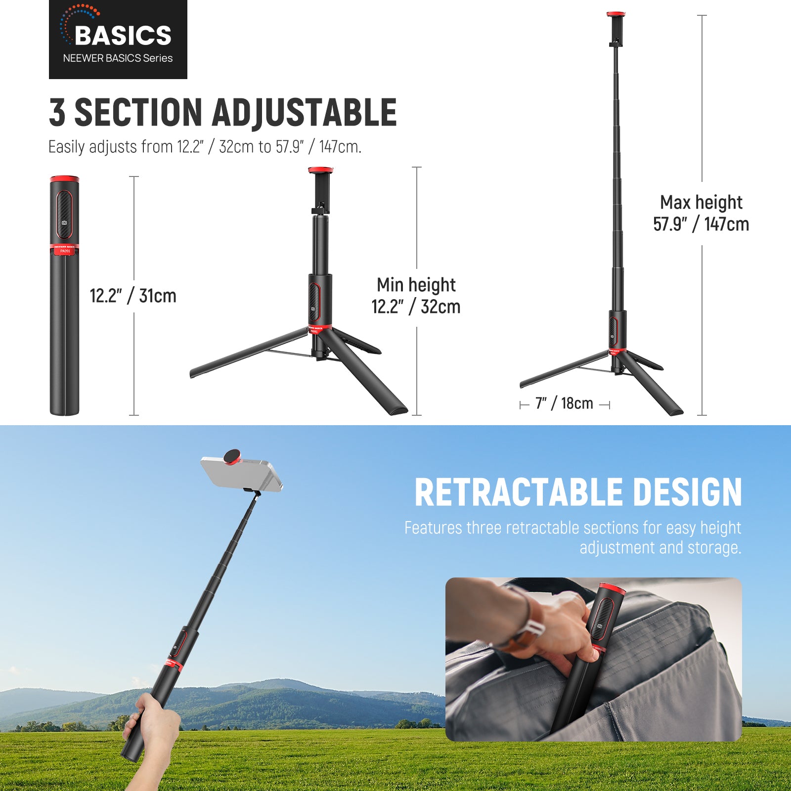 NEEWER PA991 Selfie Stick Tripod is easily adjusted from 32cm to 147cm