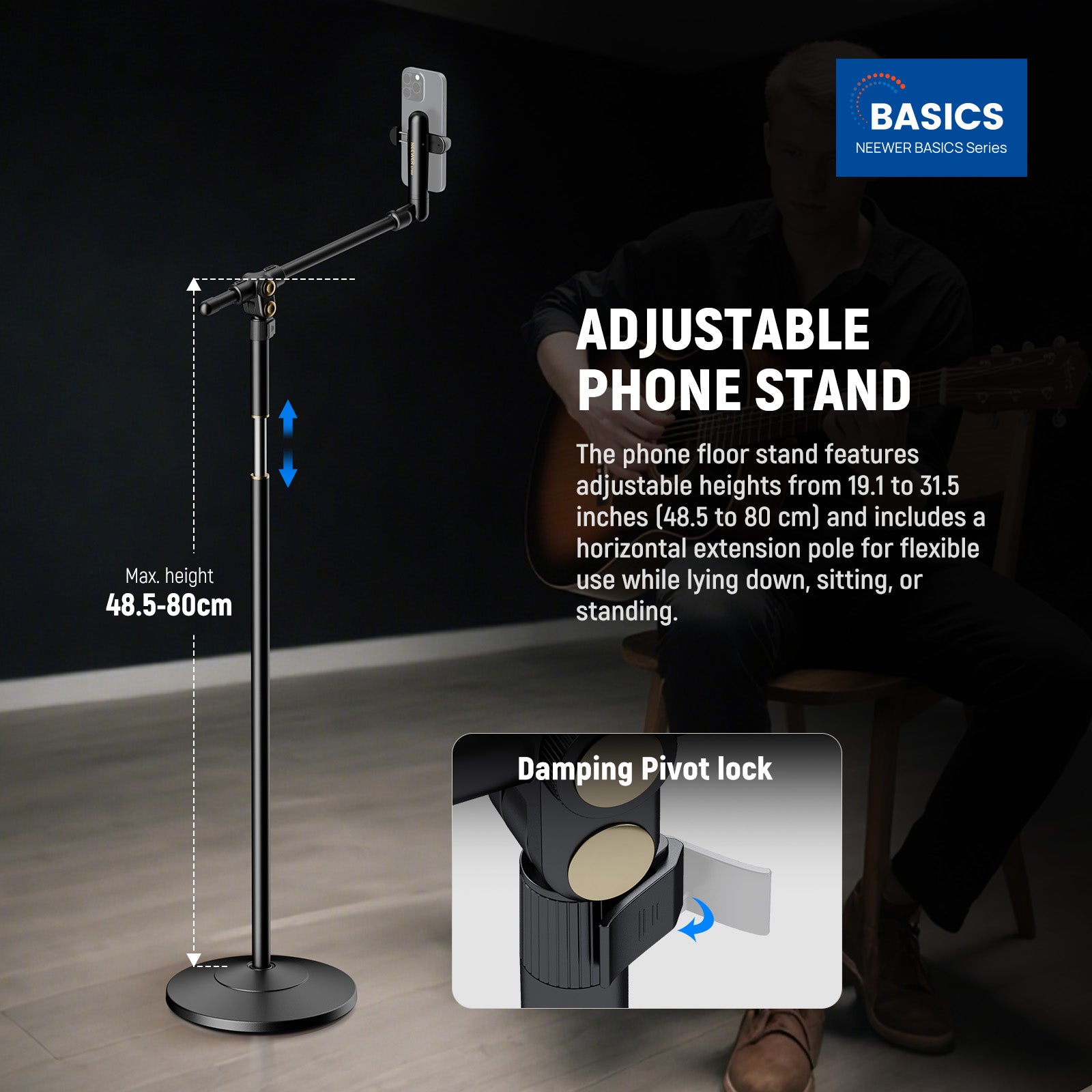 NEEWER ST009 Phone Floor Stand features adjustable heights from 48.5cm to 80cm.
