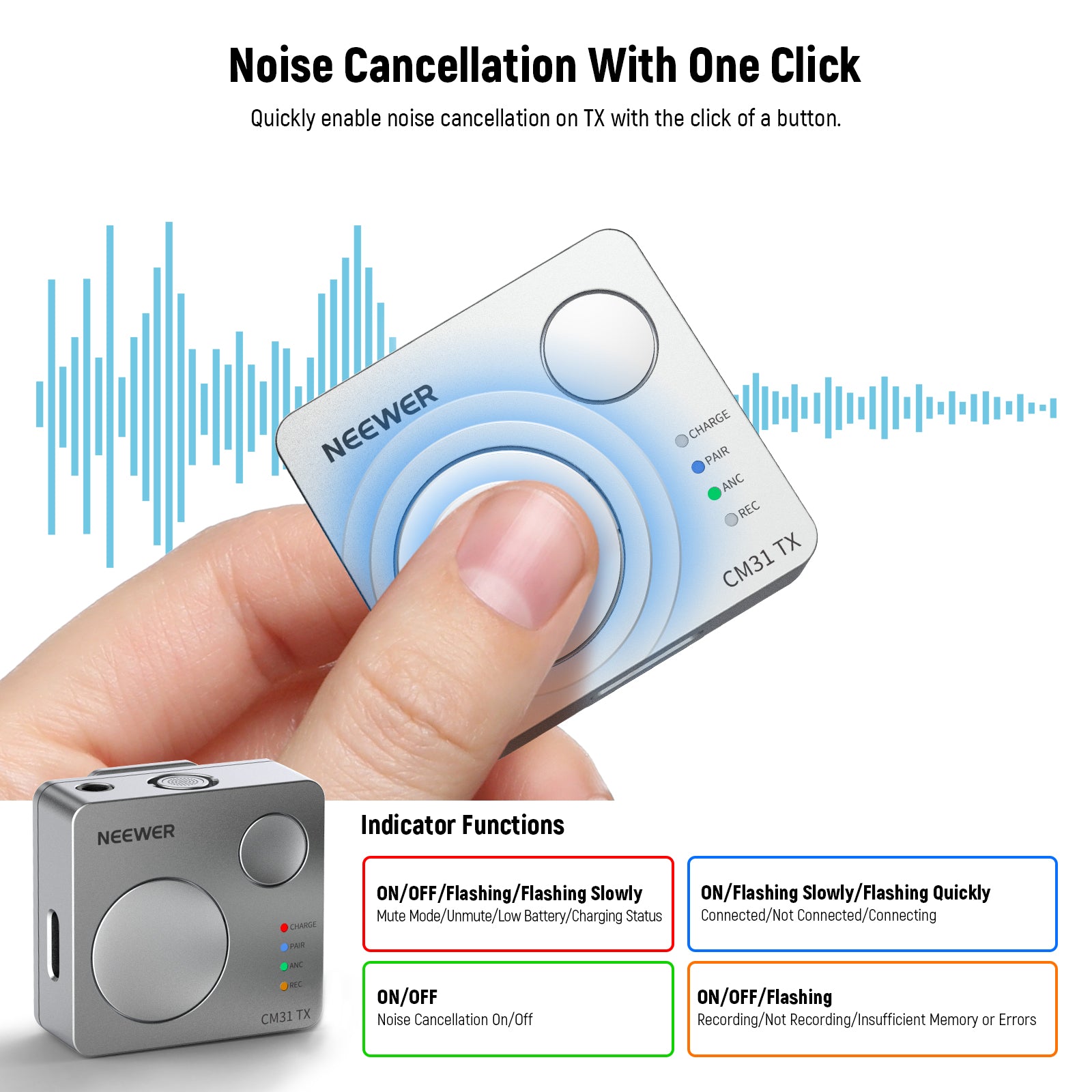 NEEWER CM31 Wireless Lavalier Microphone System enables noise cancellation on TX with the click of a button