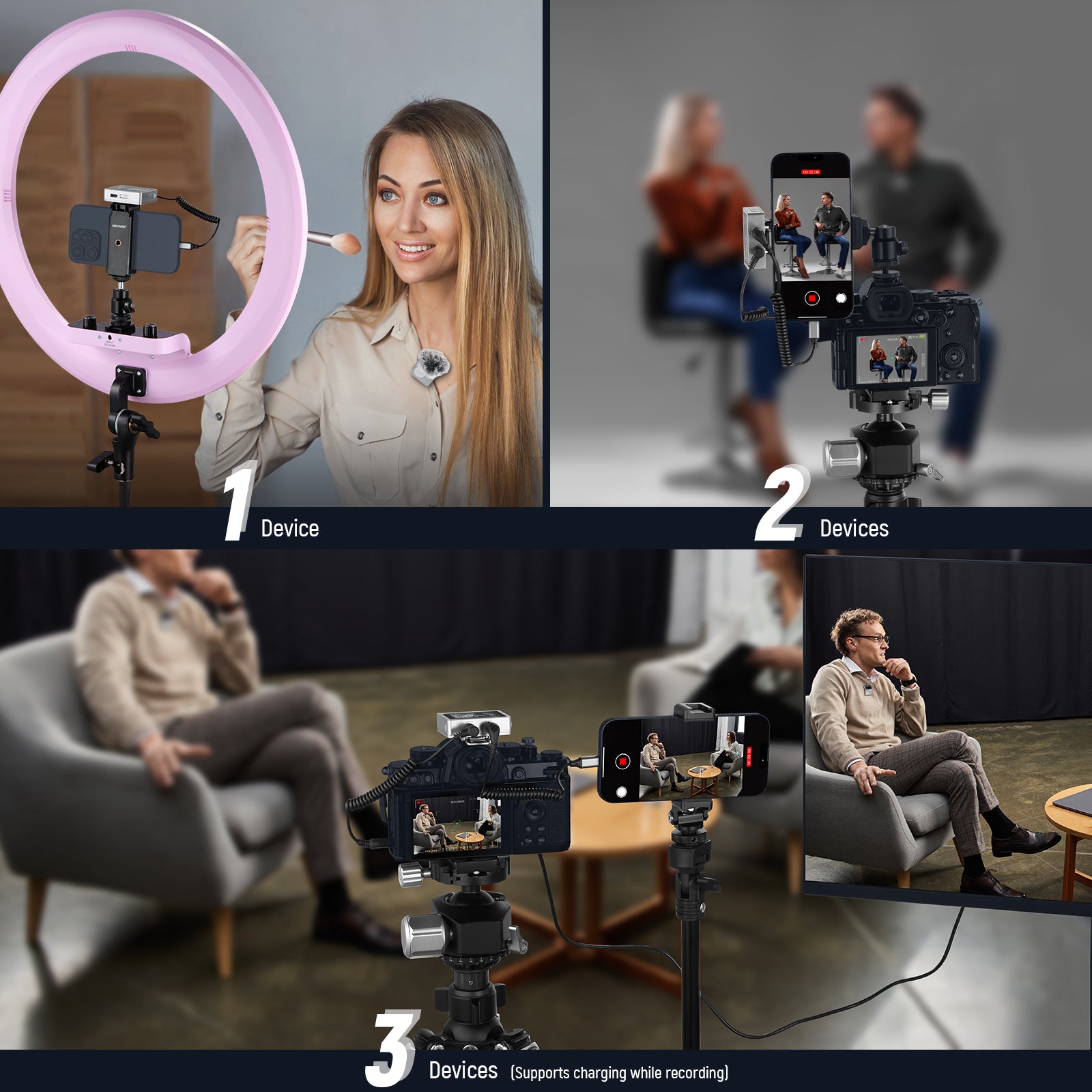 NEEWER CM31 Wireless Lavalier Microphone System connects up to three devices at the same time