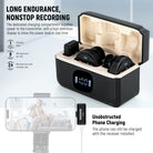 The compact charging case features an HD display showing the battery level of the transmitters.