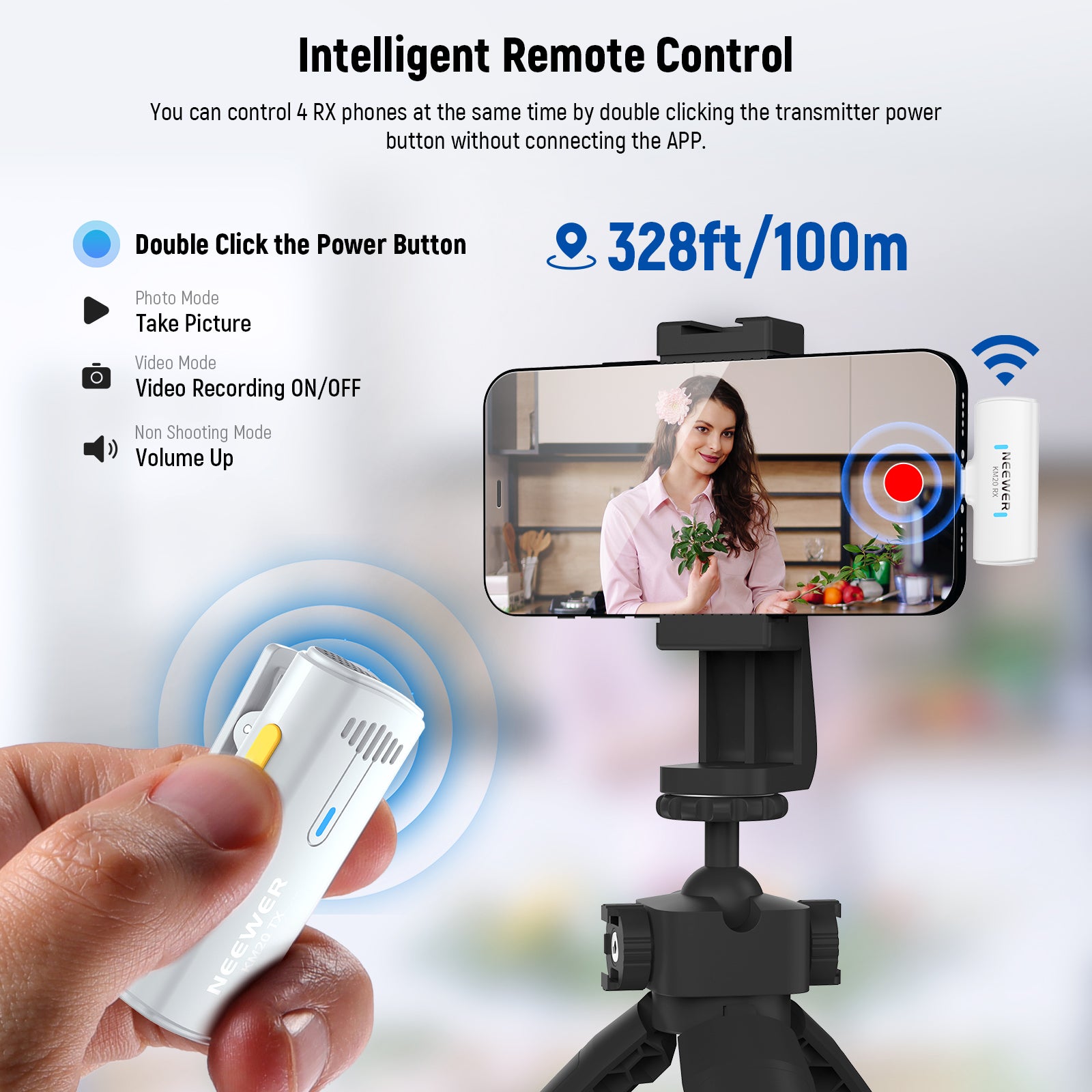 NEEWER KM20 Wireless Lapel Microphone Set supports intelligent remote control.