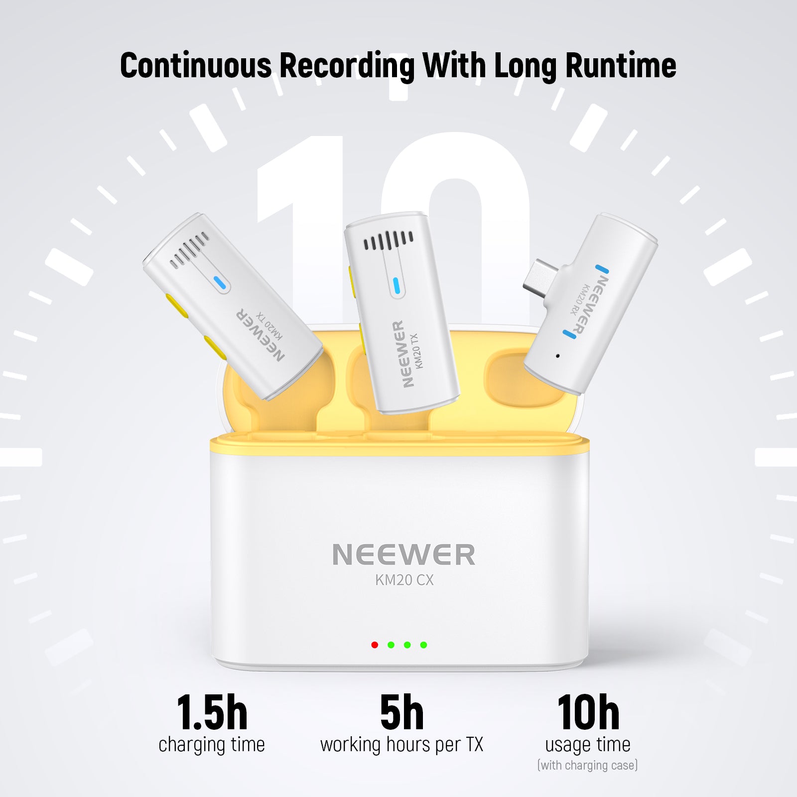 NEEWER KM20 Wireless Lapel Microphone Set offers continuous recording with long runtime.