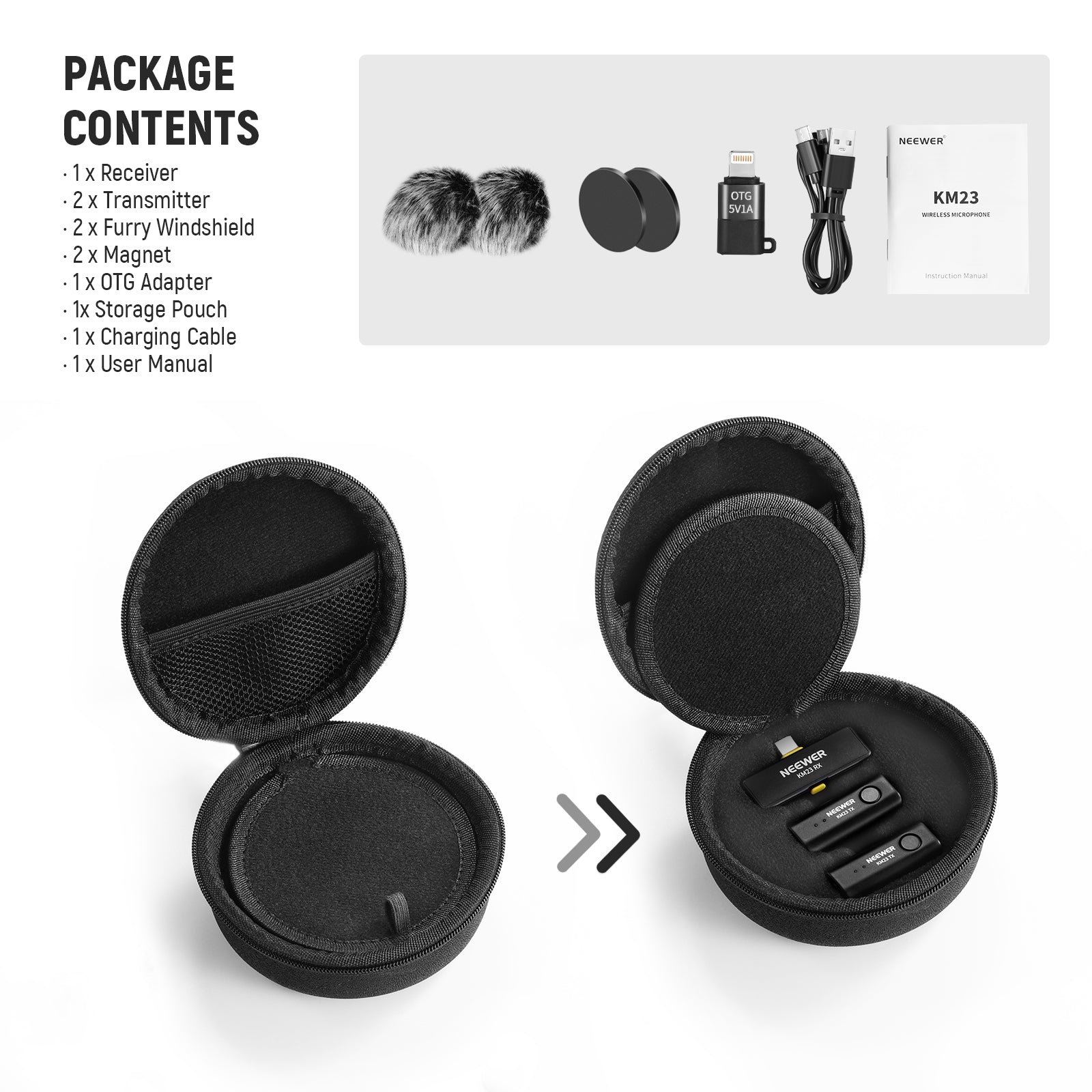 Package Contents of the NEEWER KM23 Wireless Lavalier Microphone Set