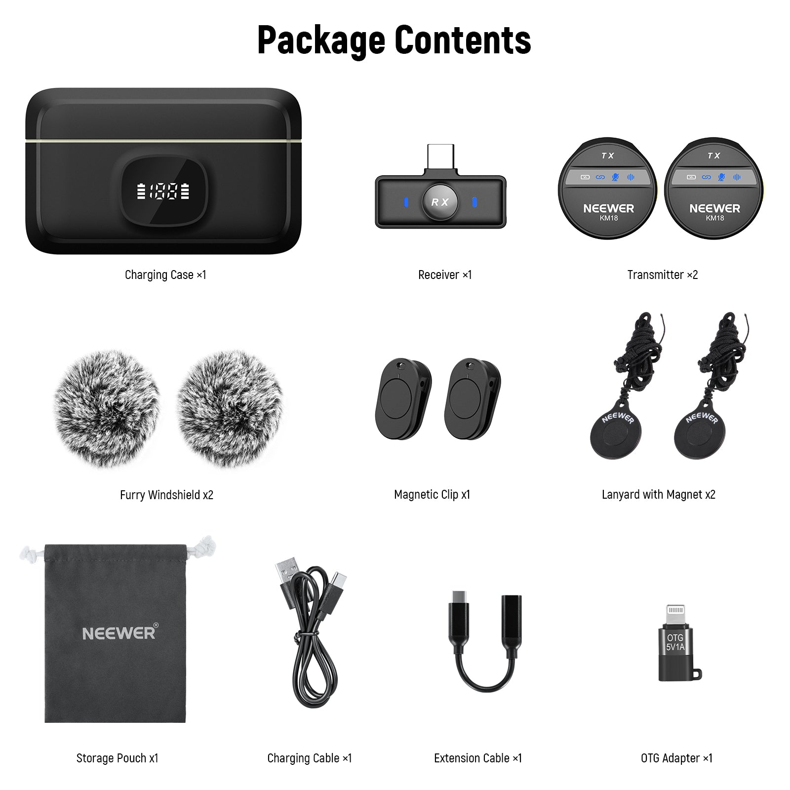 Package Contents of the NEEWER KM18 Wireless Lavalier Lapel Mic