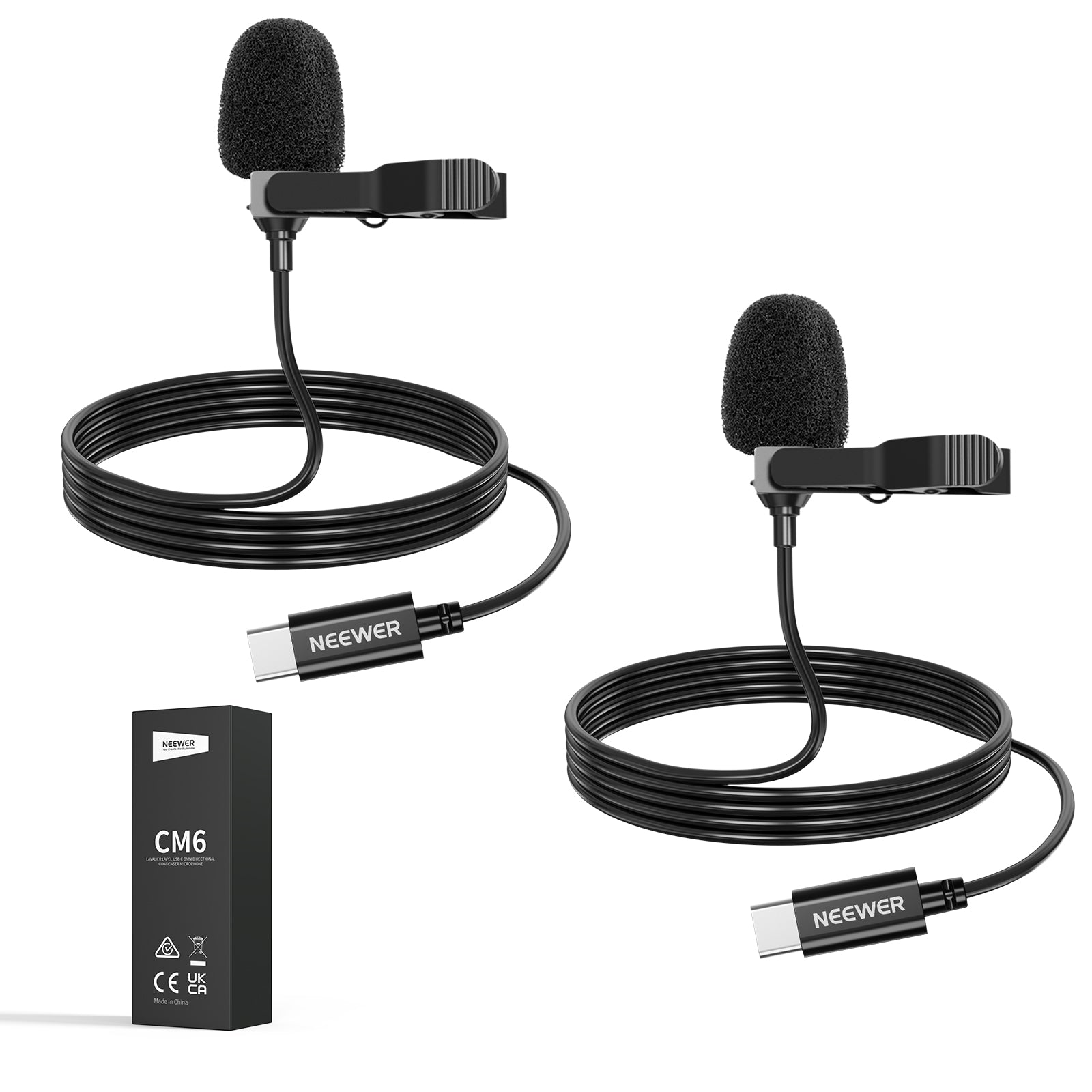 NEEWER CM6 2 Pack Lavalier USB C Omnidirectional Mic Condenser Lavalier Microphone