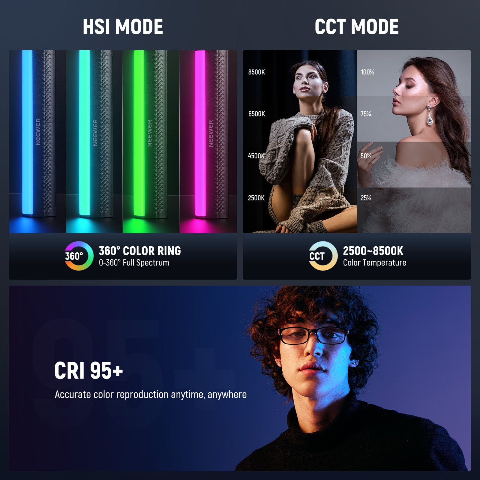 NEEWER TL20C RGB Magnetic Handheld Light Wand features HSI and CCT modes.