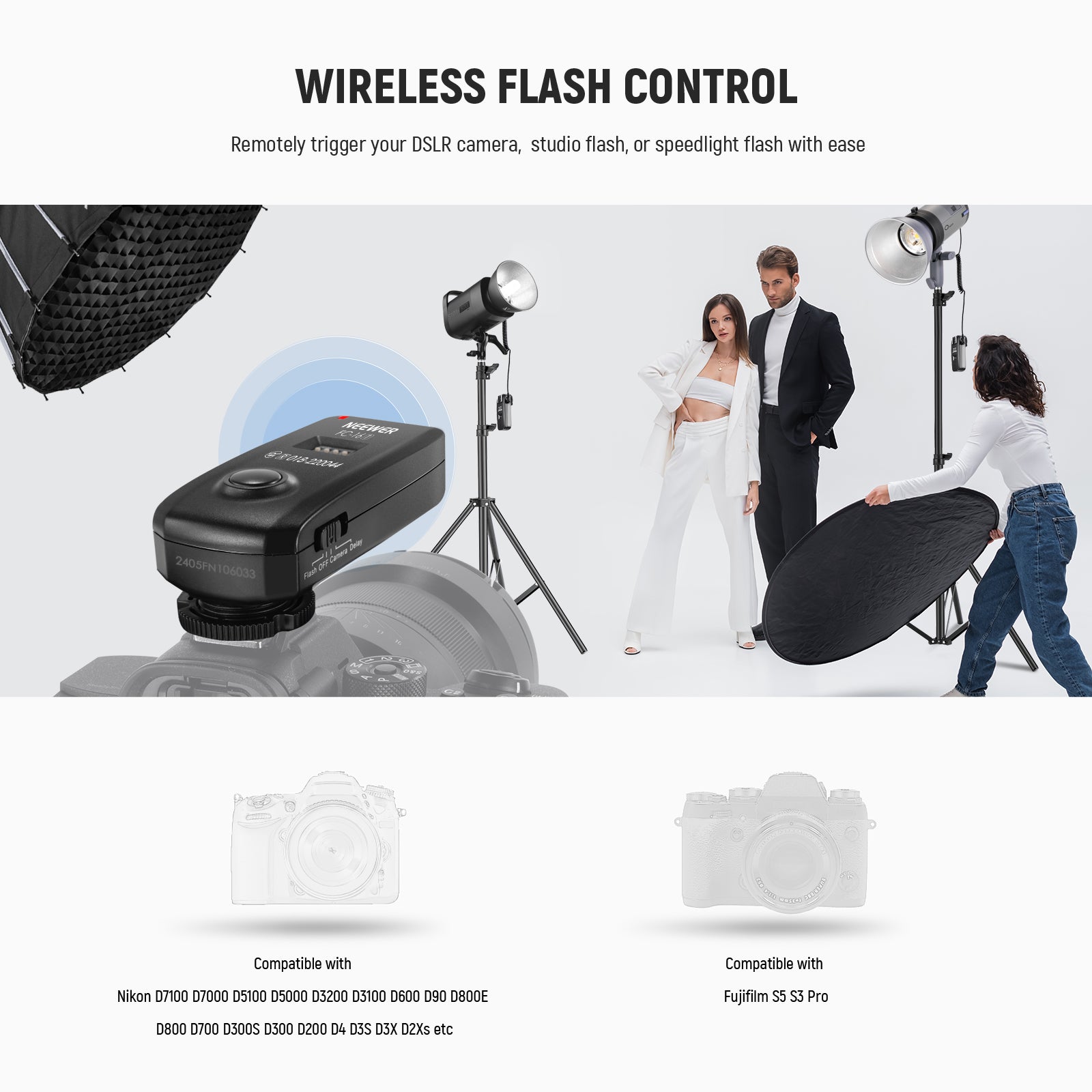 NEEWER FC-16 2.4G Wireless Flash Trigger for Nikon remotely trigger your cameras, flash, or speedlight with ease.
