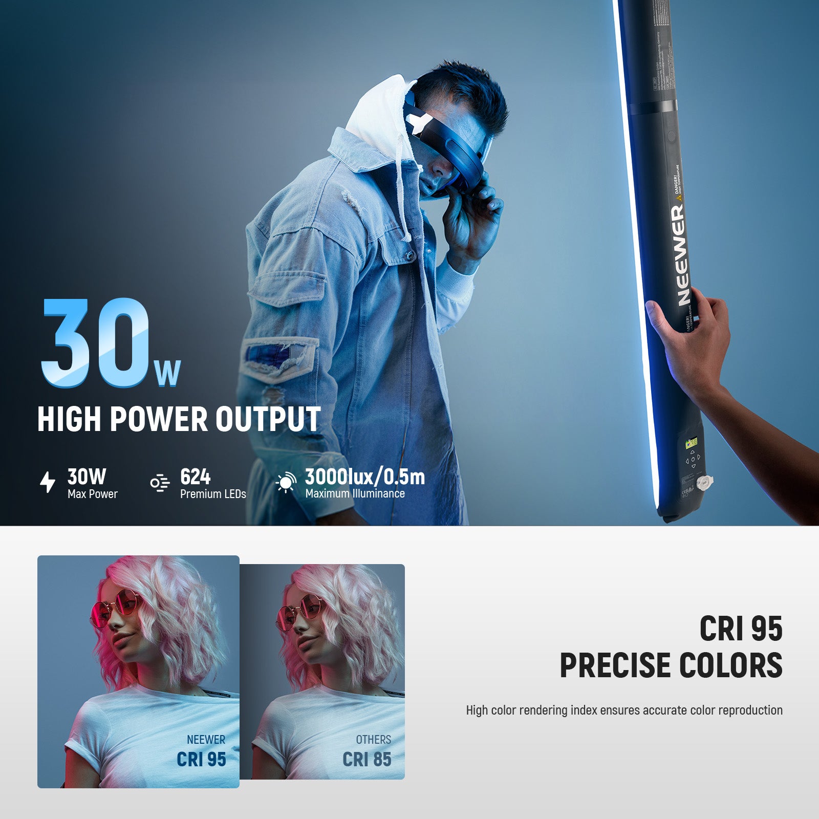 NEEWER GC30C Handheld Inflatable LED Fill Light offers RGB temperature switched across 2700K-6500K