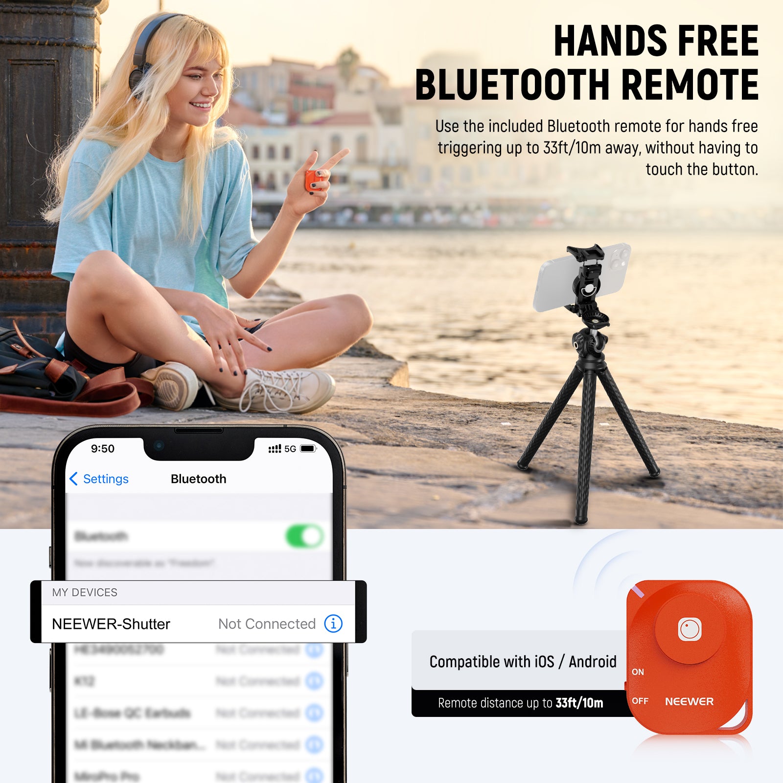 NEEWER TP34 Flexible Tripod Kit includes a Bluetooth shutter release to trigger afar
