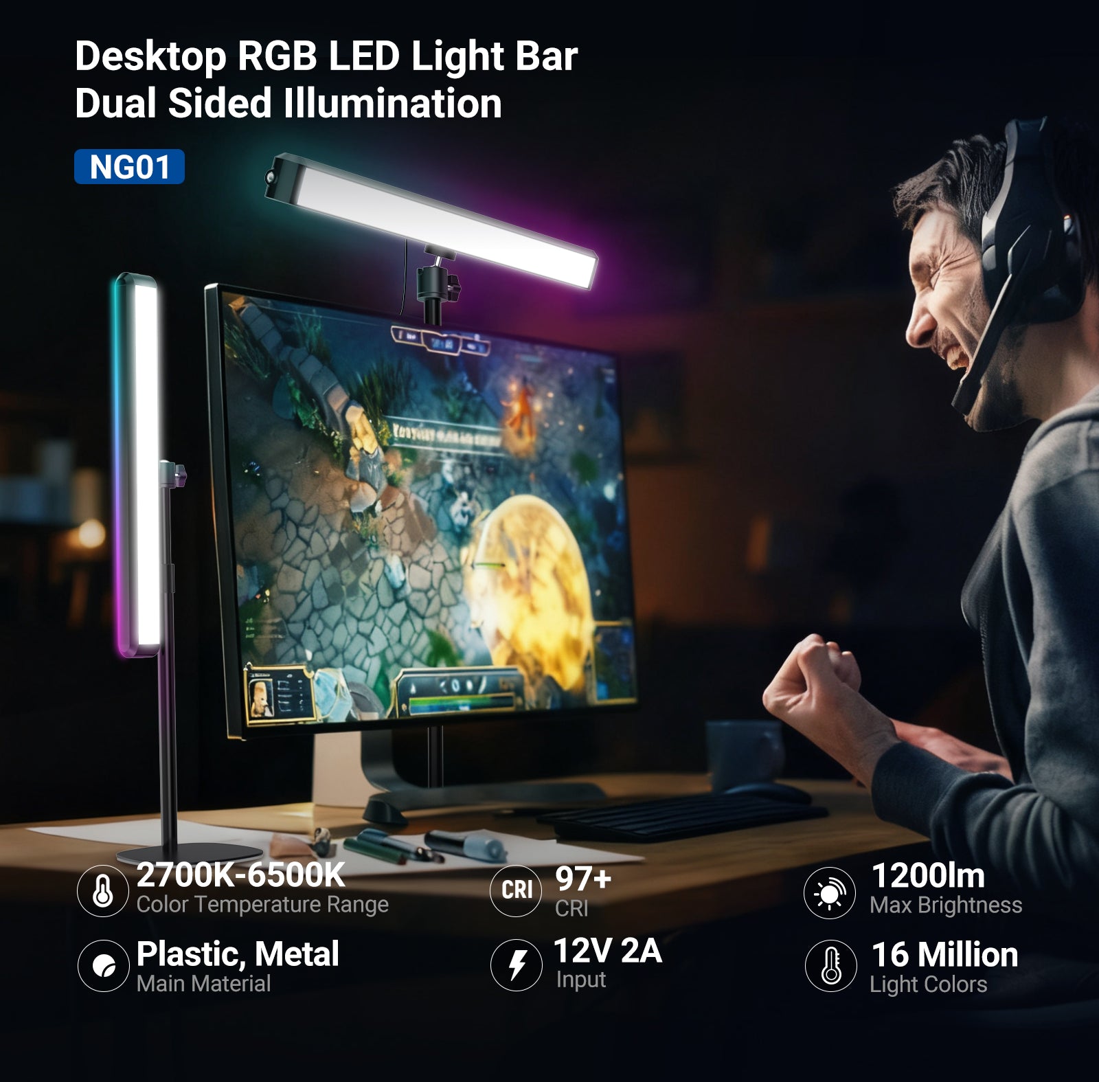 With CW LEDs and RGB LEDs on two sides, this lamp emits up to 1200lm with 16 million colors, CRI97+, 2700-7000K dimmable for soft, warm, and cool lighting.