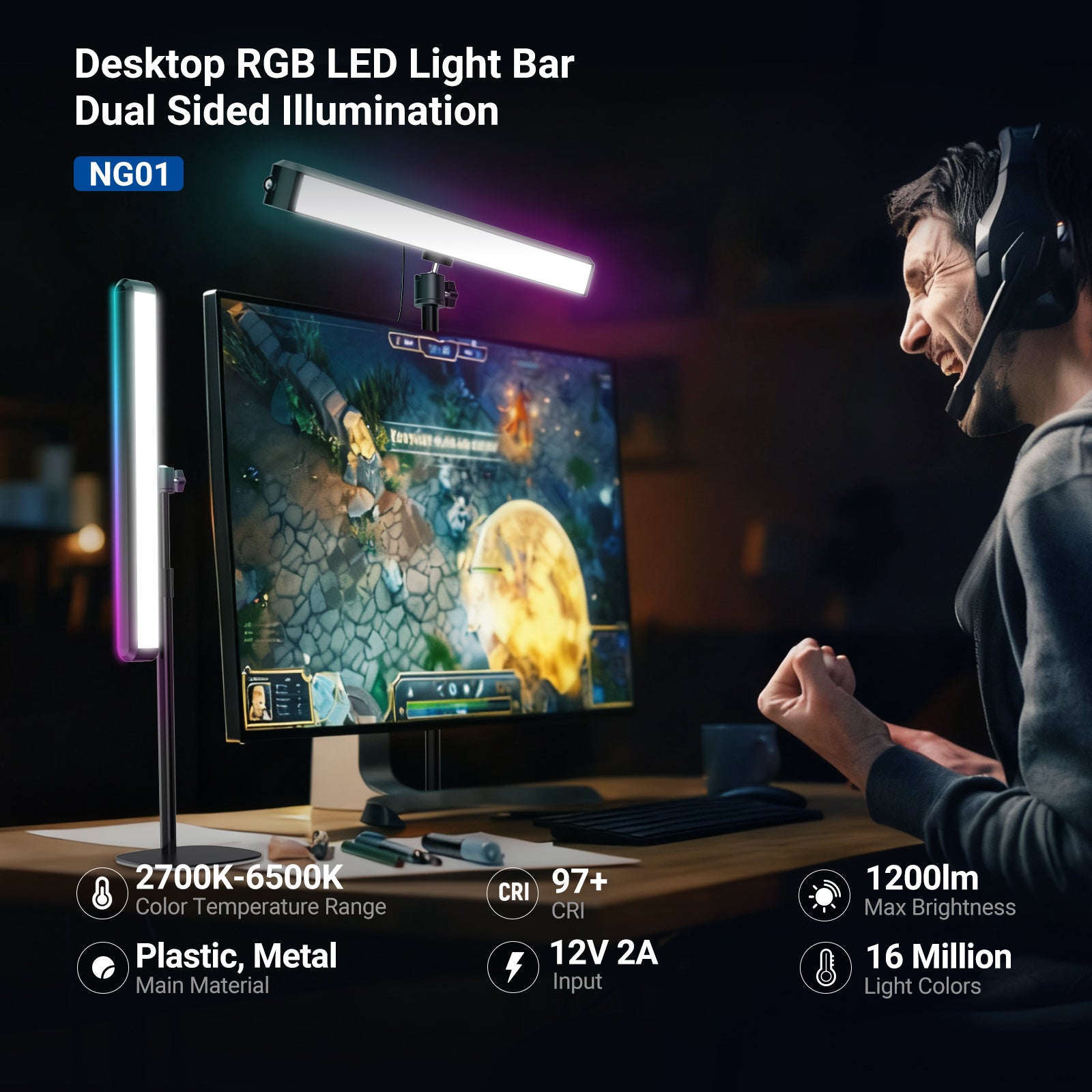 With CW LEDs and RGB LEDs on two sides, this lamp emits up to 1200lm with 16 million colors, CRI97+, 2700-7000K dimmable for soft, warm, and cool lighting.