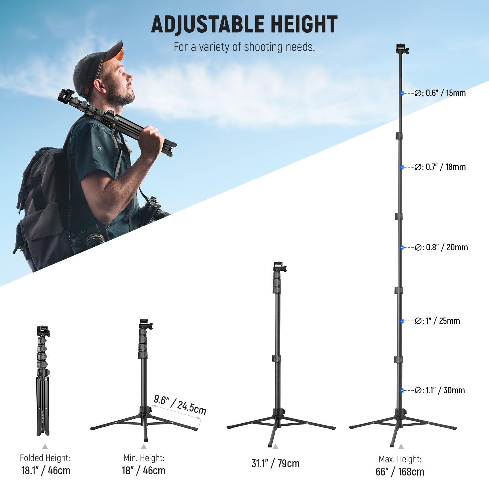 NEEWER TS03 Travel Phone Tripod can be extended from 18" to 66".