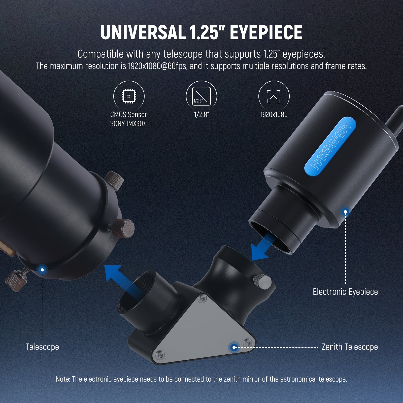 NEEWER LS-T22 Electronic Eyepiece is compatible with any telescope that supports 1.25" eyepieces.
