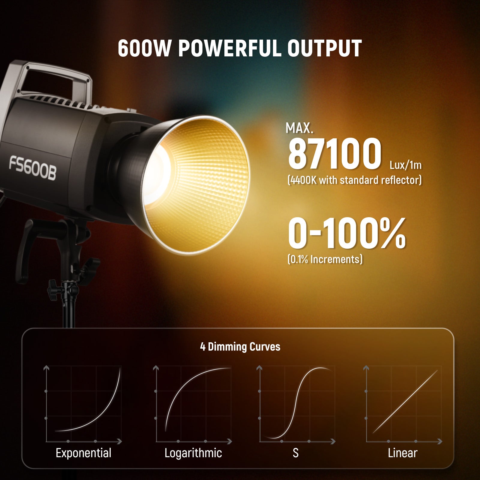 FS600B Continuous Light uses high performance COB LEDs with a 600W max power output