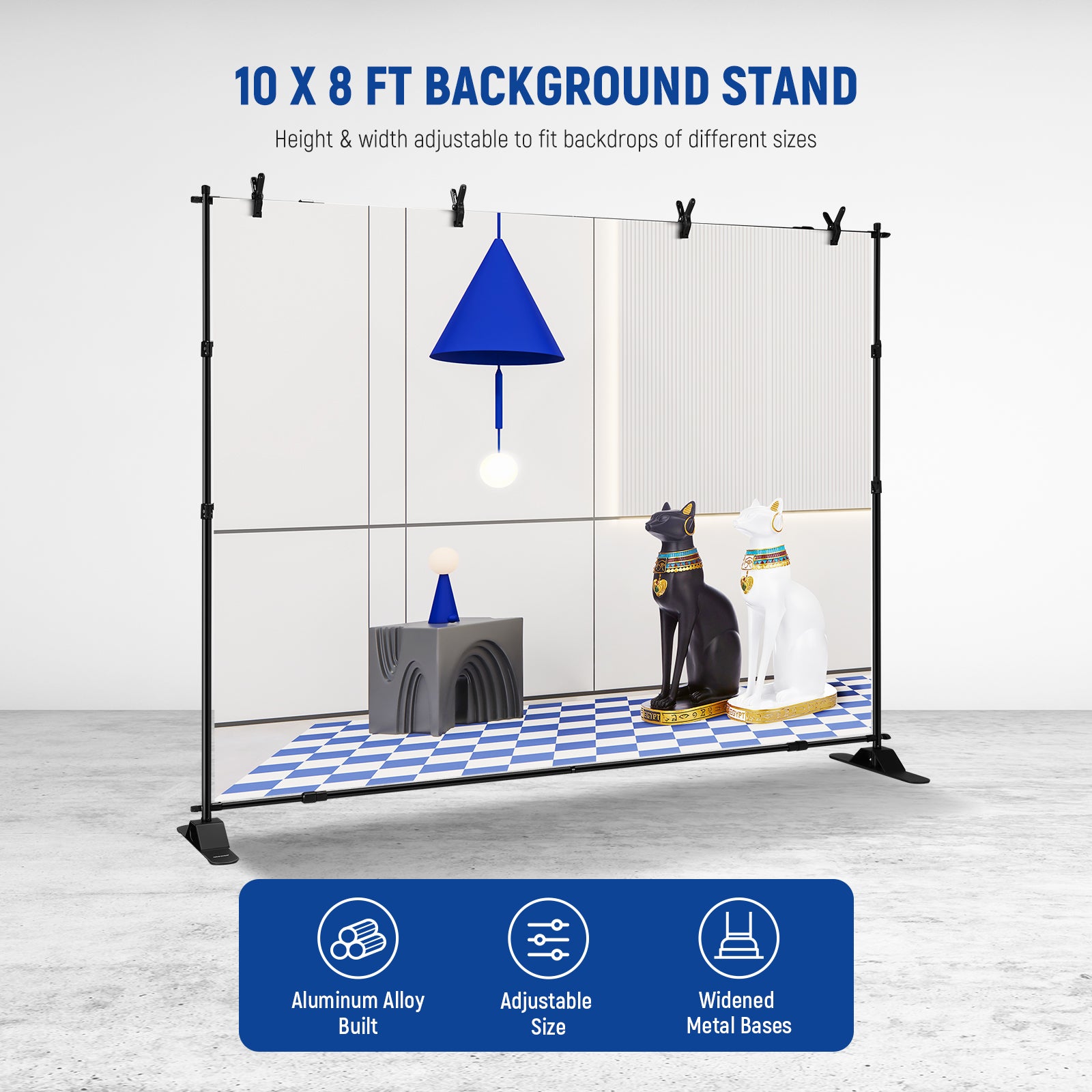 Background stands are adjustable to fit backdrops of different sizes.