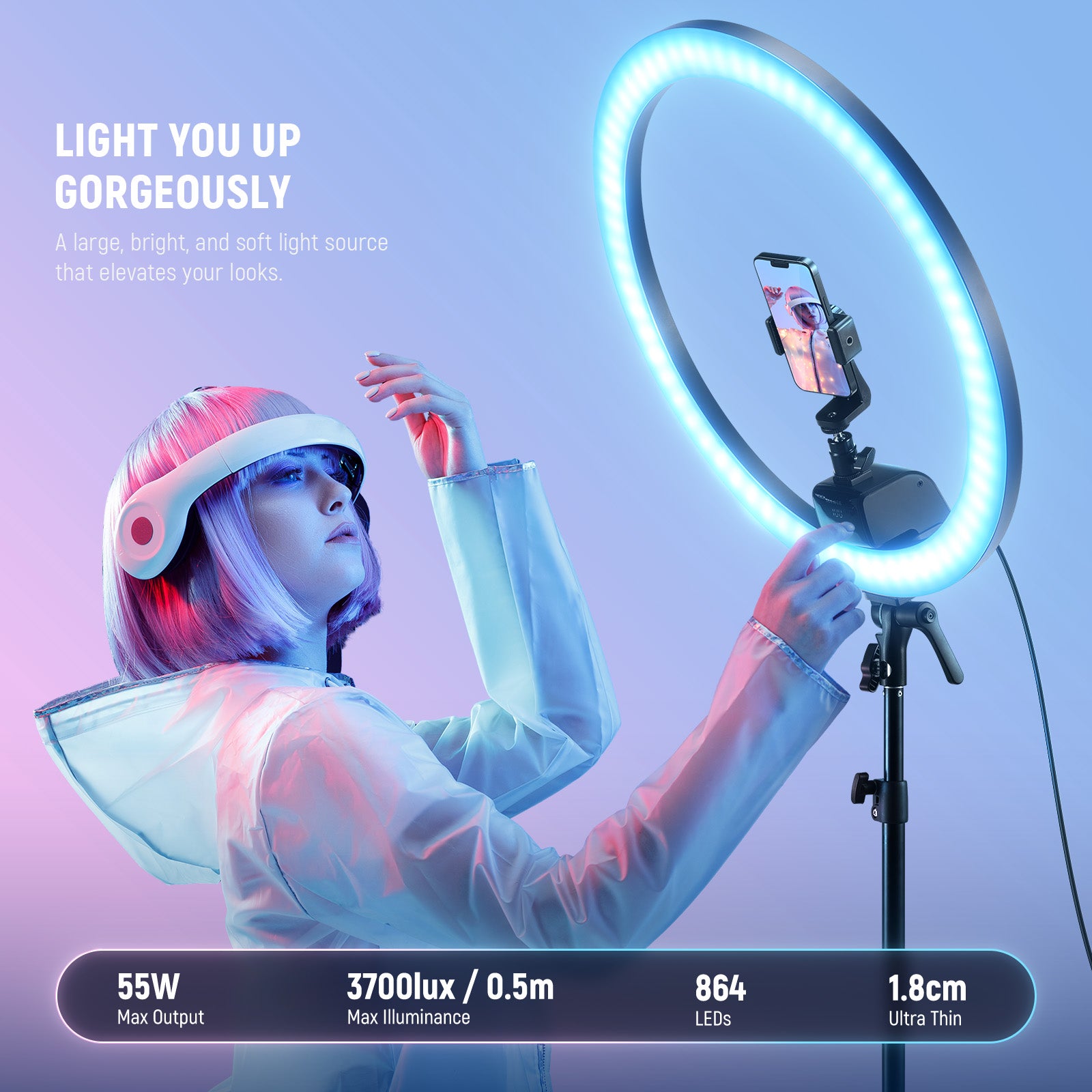 NEEWER SRP18C RGB LED Ring Light Kit features 55W Max output.