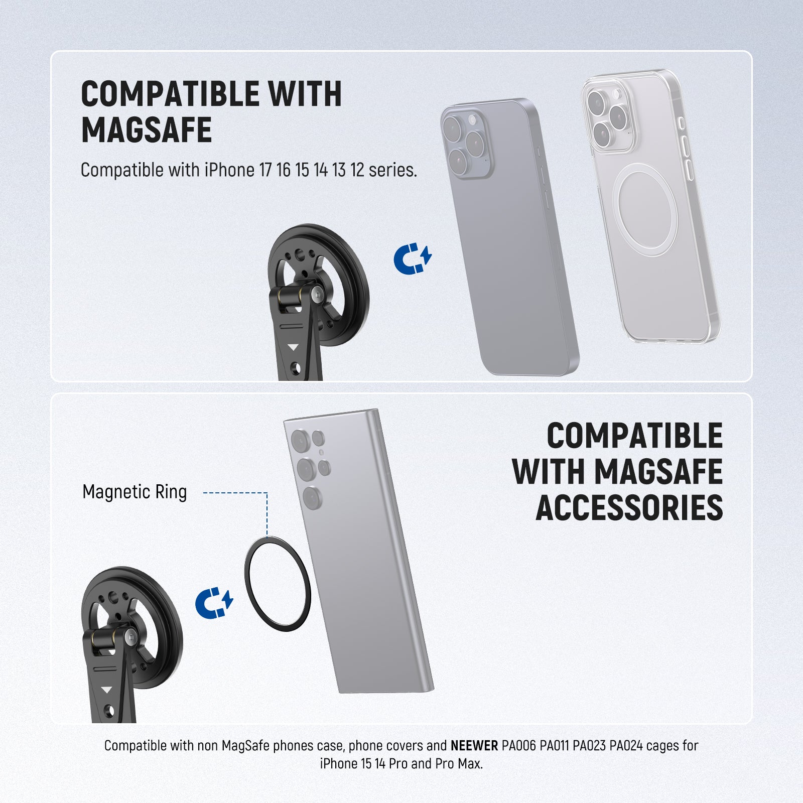 NEEWER DS031 Magnetic Phone Tripod Mount is compatible with Magsafe and Magsafe accessories.