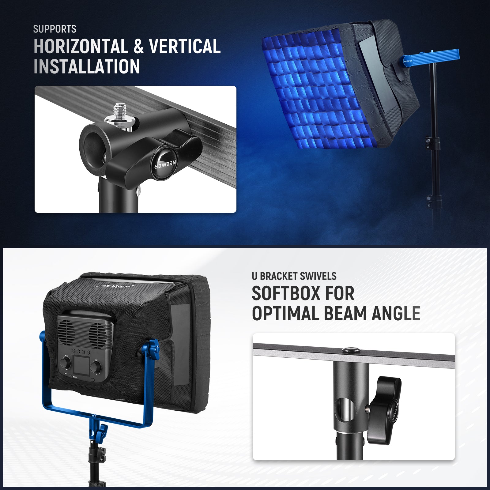 NEEWER NS6S Softbox Diffuser for PL60C RGB LED Light supports horizontal and vertical installation.