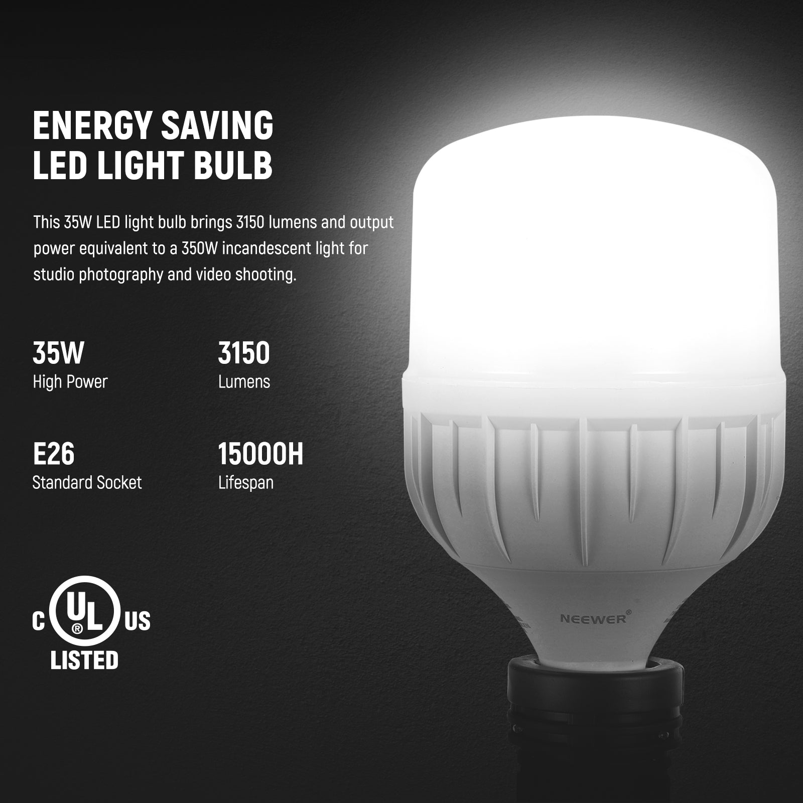 This 35W LED light bulb brings 3150 lumens and output power equivalent to a 350W incandescent light.