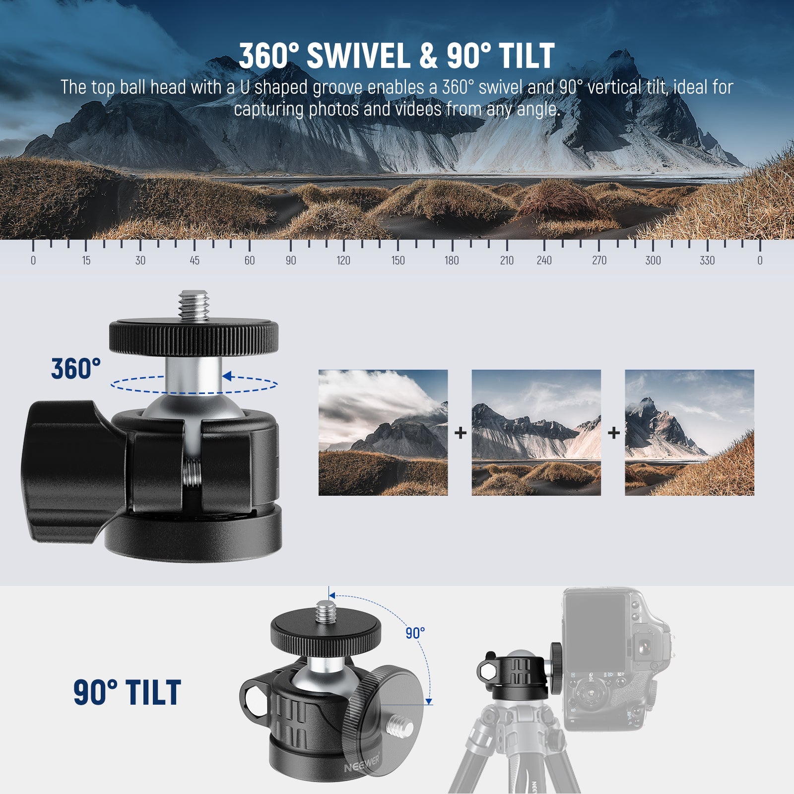 NEEWER GM01 Mini Ball Head allows for 360° swivel and 90° vertical tilt