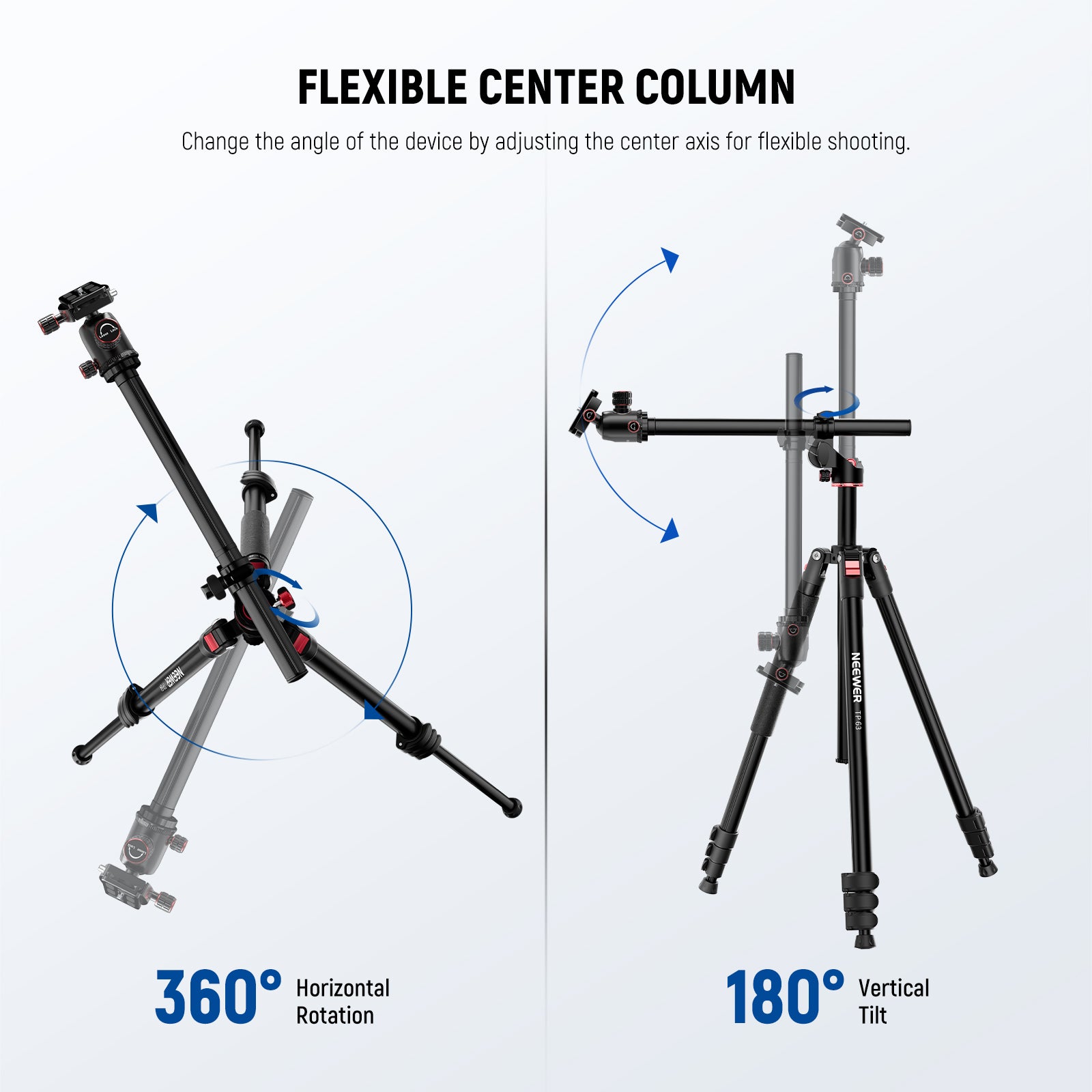NEEWER TP63 Overhead Horizontal Camera Tripod features a fexible enter column.