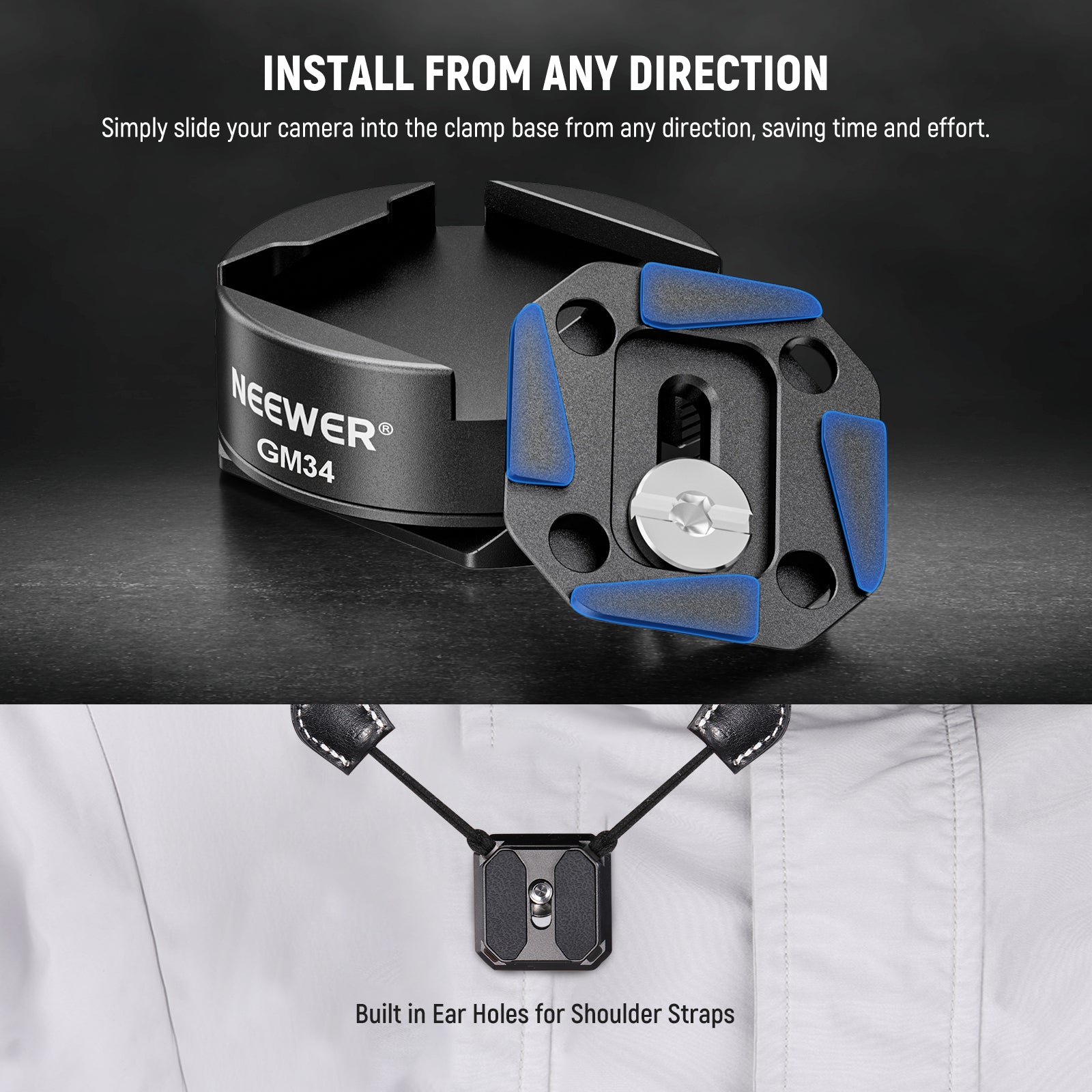 NEEWER GM34 Camera Quick Release Plate features ear holes for shoulder straps.