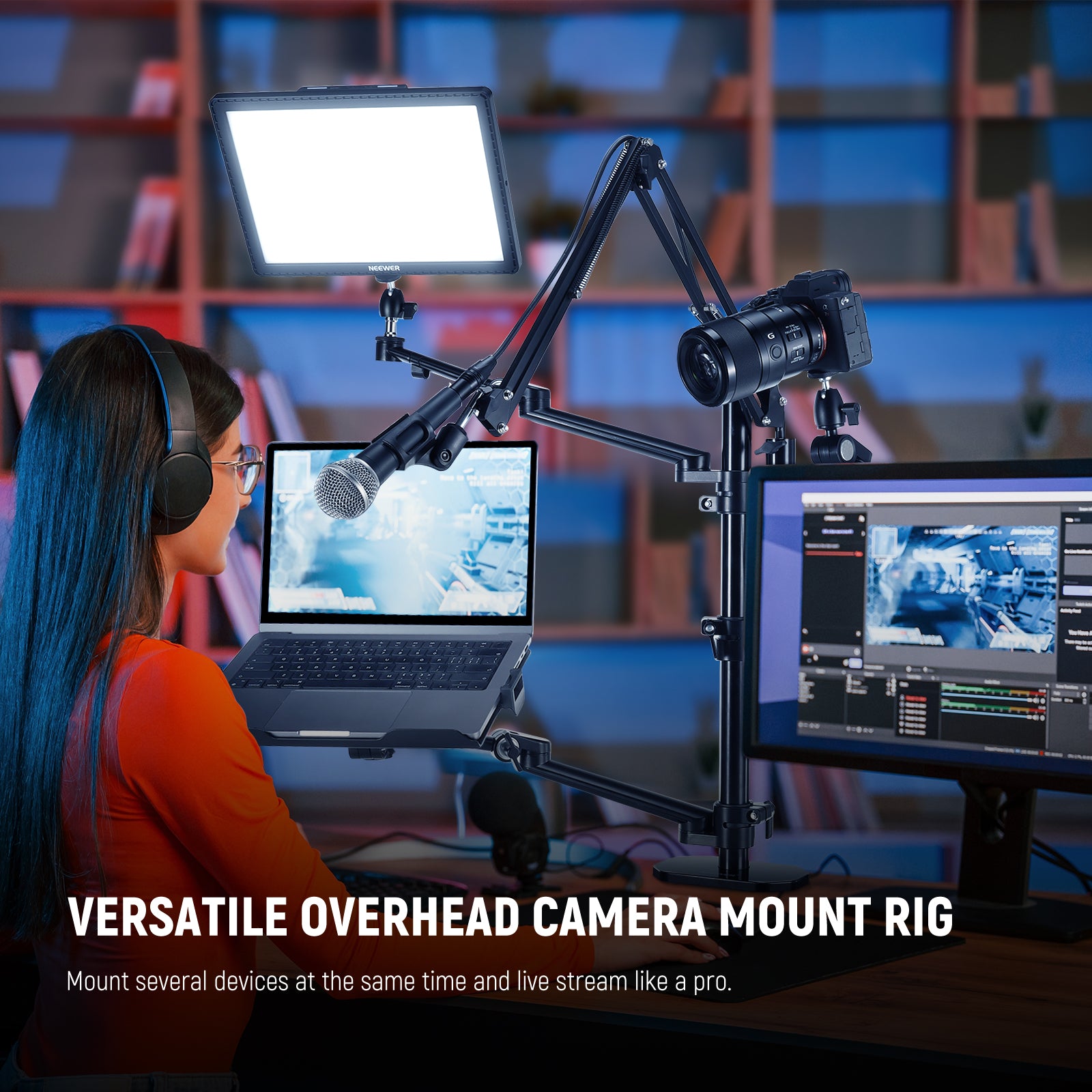 NEEWER DS007 Overhead Camera Stand mounts multiple devices simultaneously.