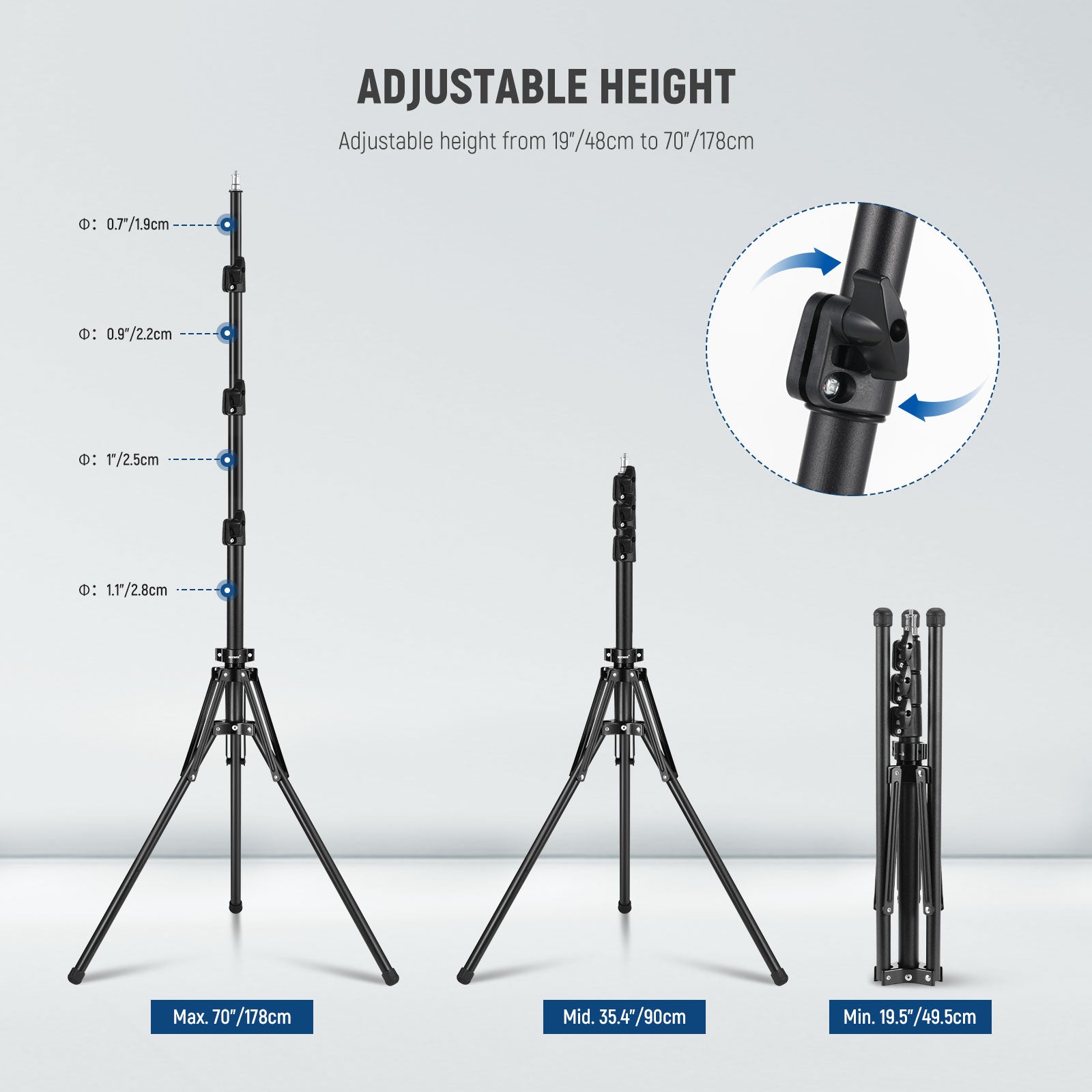 NEEWER ST178B Portable Travel Light Stand is adjustable from 48cm to 178cm.