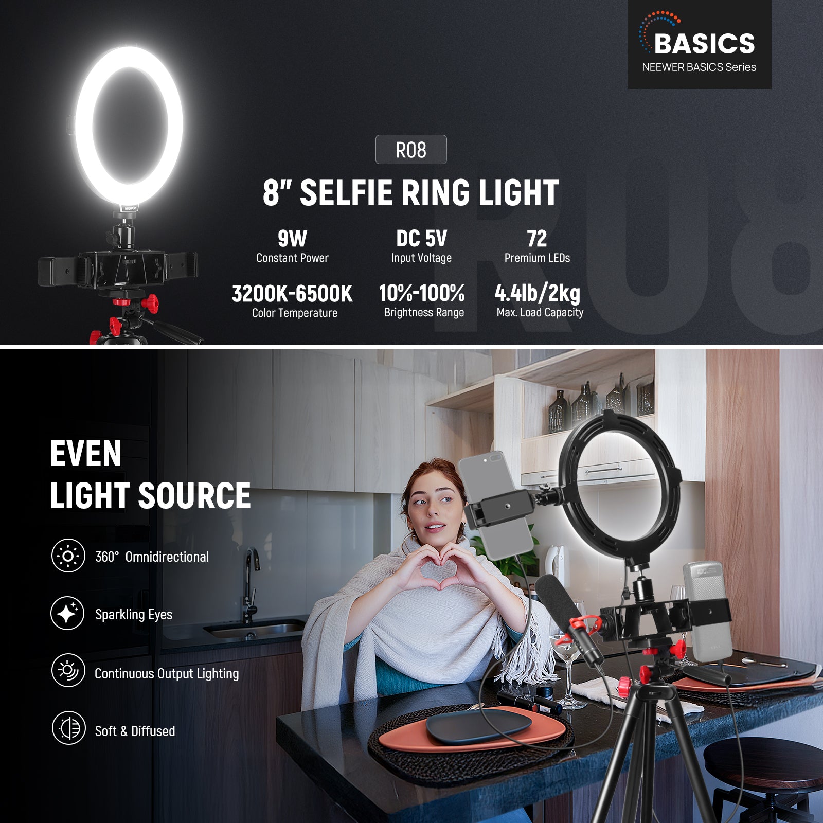 NEEWER R08 LED Ring Light Kit provides adjustable photography videography continuous lighting