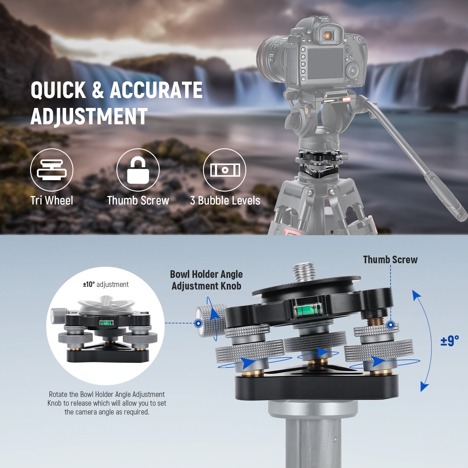 NEEWER LP66 Tripod Head Leveling Base allows for substantial or precise height adjustments from three different angles.