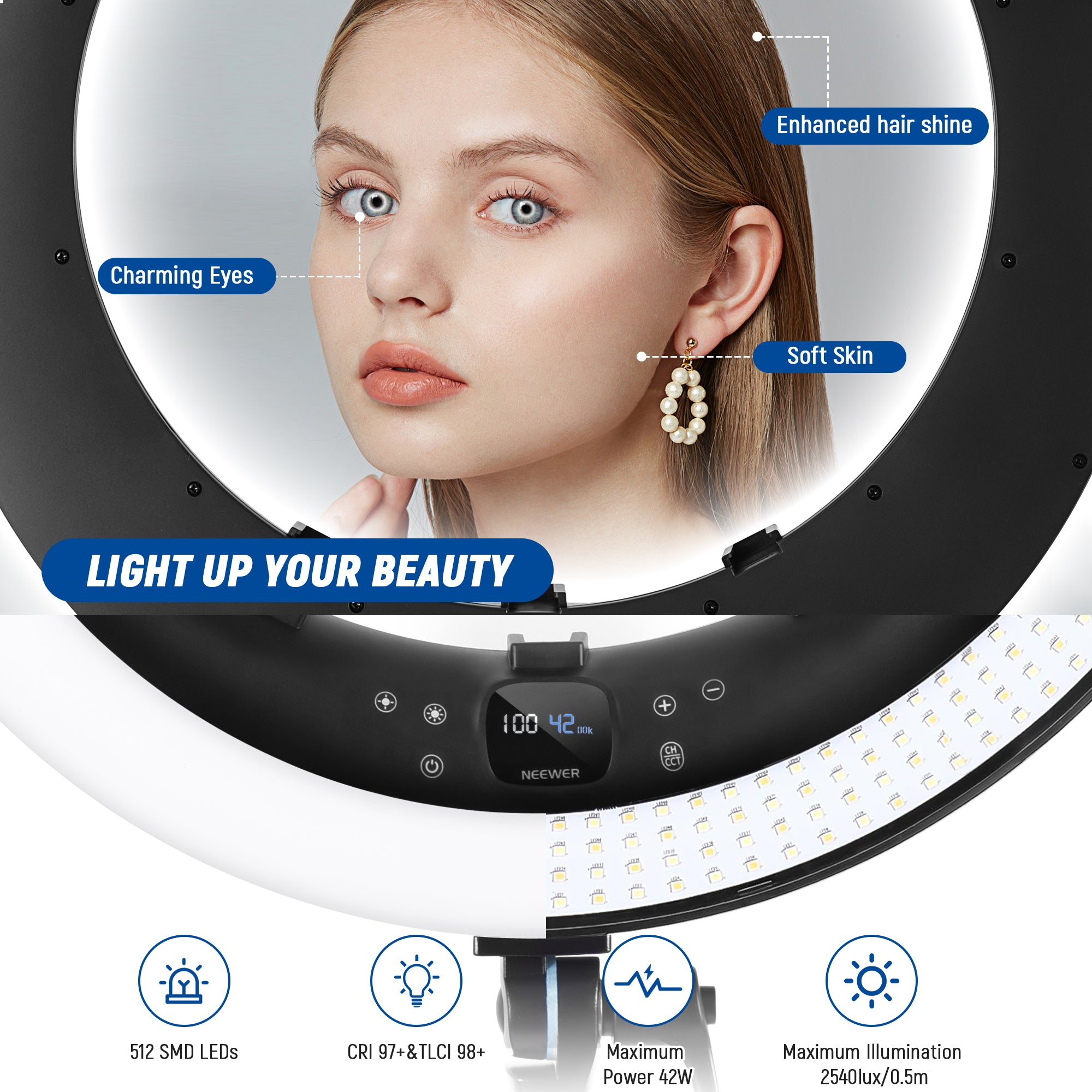 NEEWER RP19H 19 Inch LED Ring Light With 3 Phone Holders & Remote Shutter can light up your beauty.
