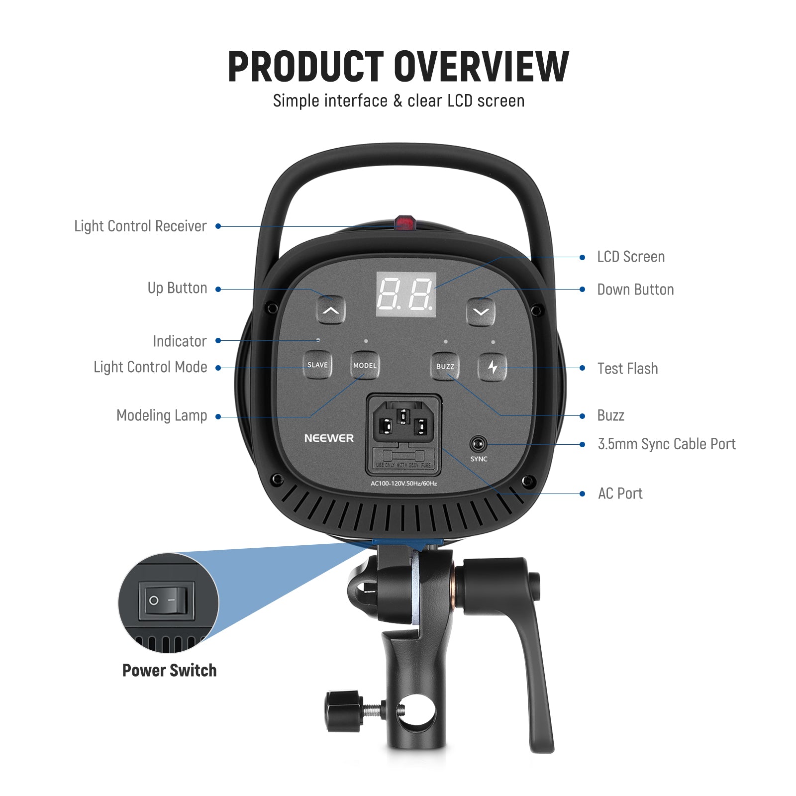 Product details of the NEEWER S101-400W Strobe Flash Light