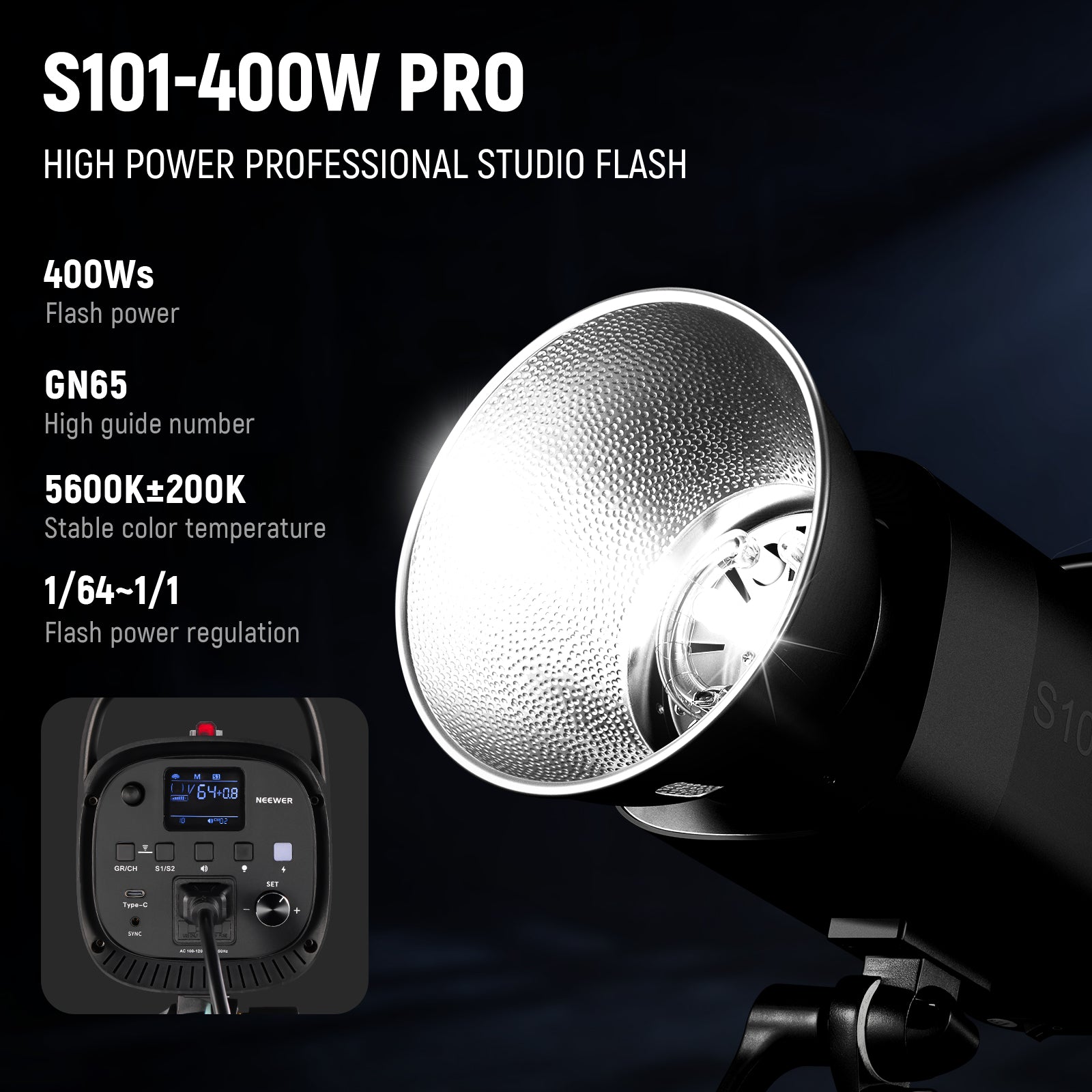NEEWER strobe light photography S101-400W PRO Studio Monolight has 400Ws high power output