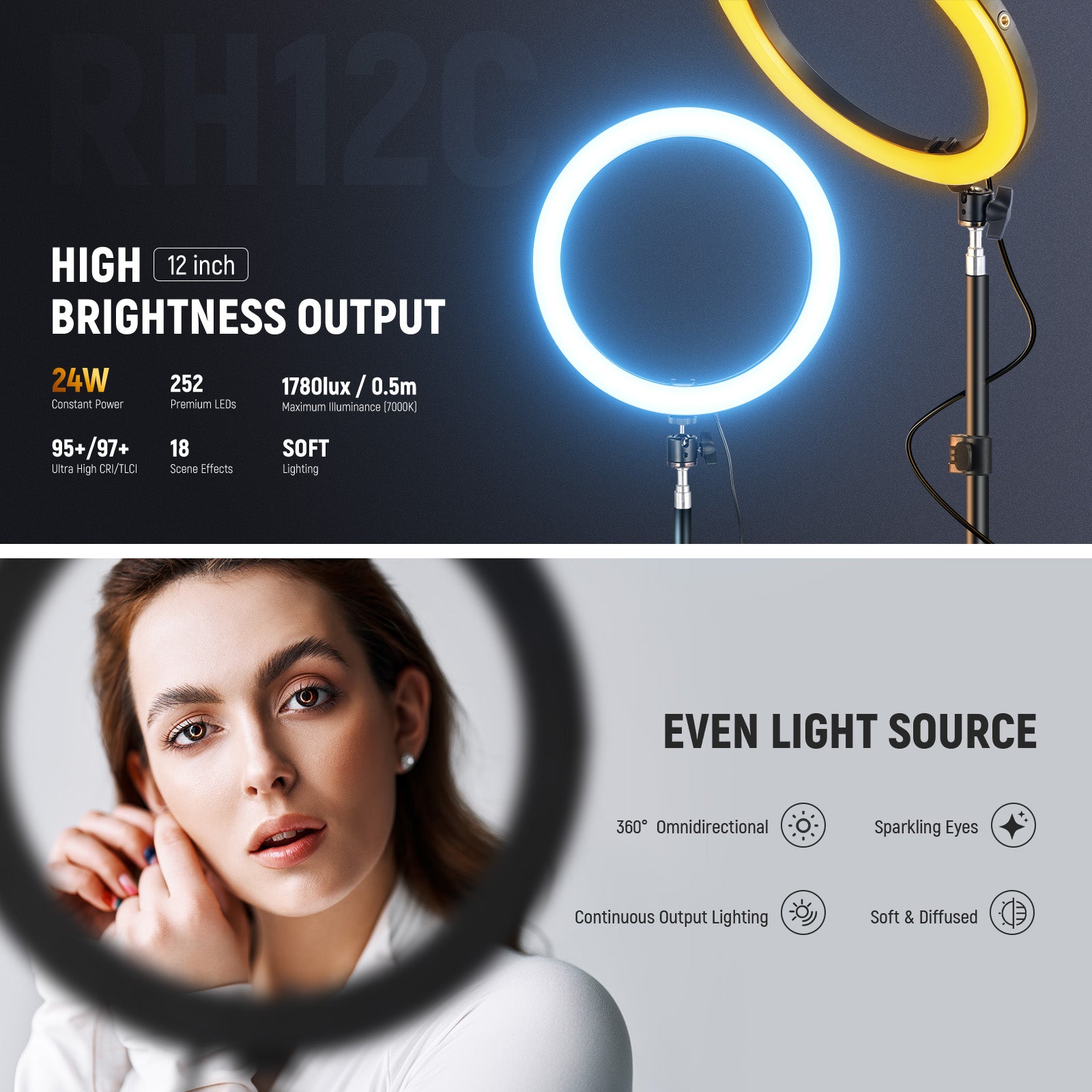 NEEWER RH12C LED Ring Light covers 360° full RGB colors with 1780lux/0.5m (7000K) illuminance