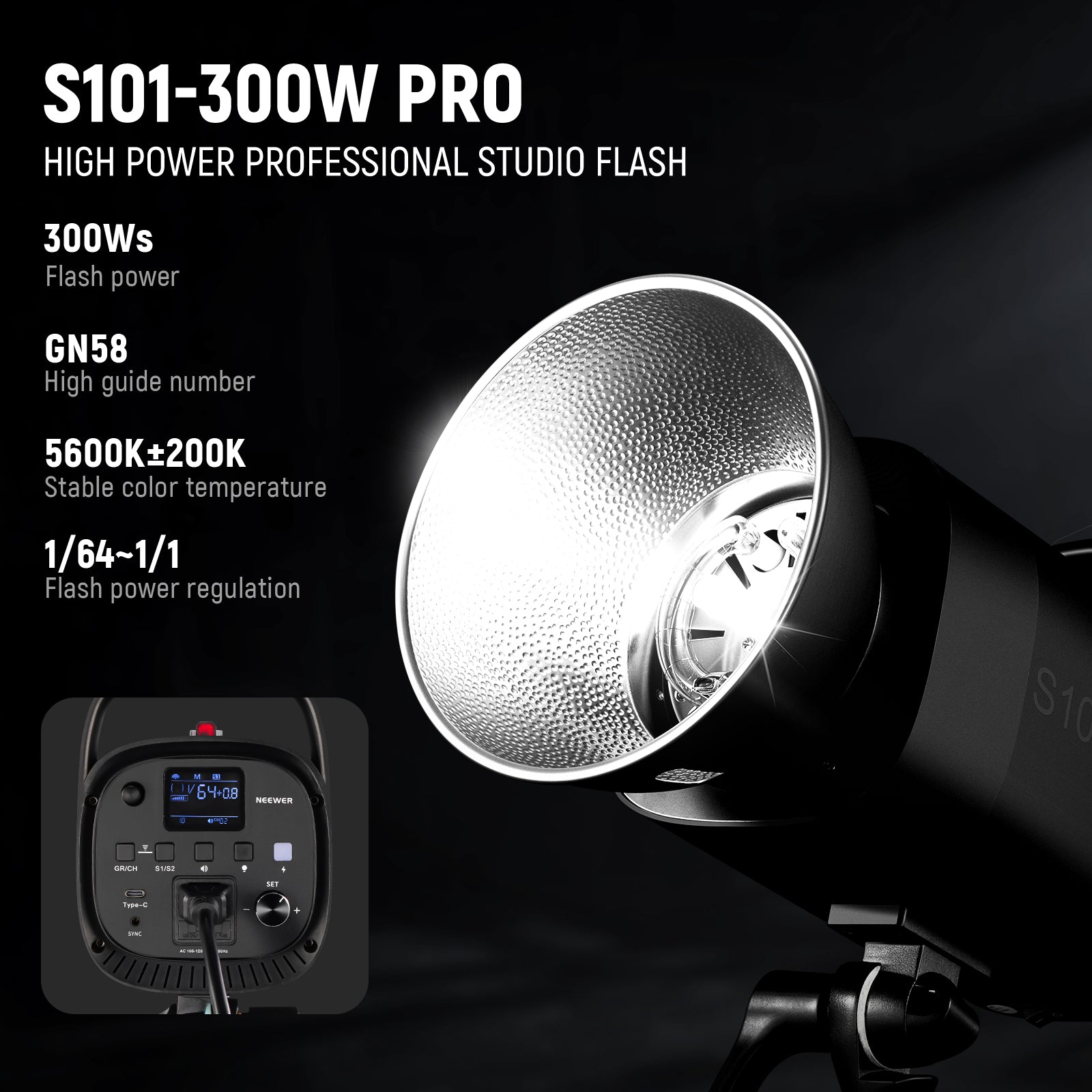 Specifications of the NEEWER S101-300W PRO Strobe Flash for Photography