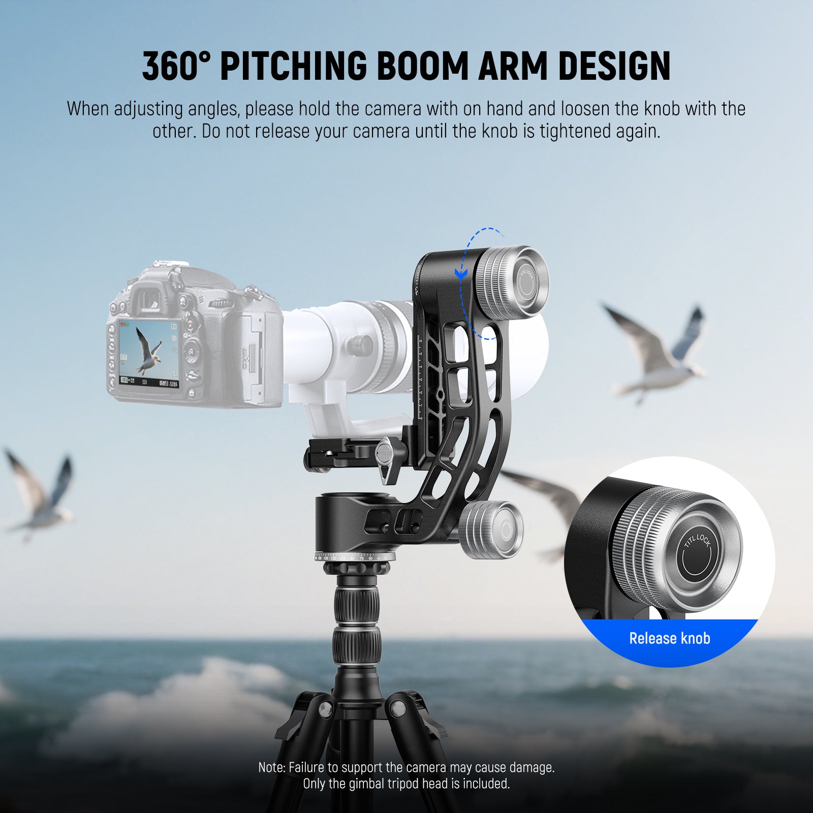 NEEWER GM102 Tripod Gimbal Head allows 360° horizontal and vertical rotation.