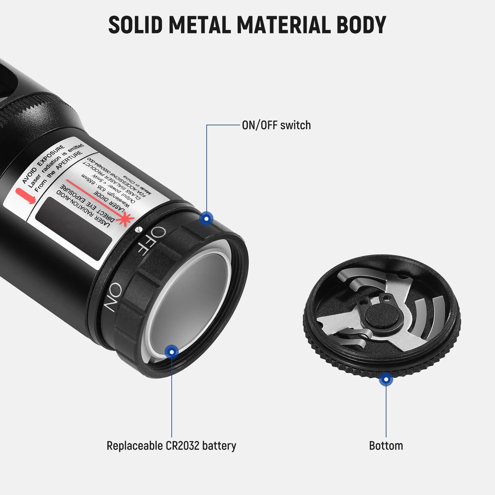 With an ON/OFF switch, the collimator only has 1 brightness level for simple manual calibration.