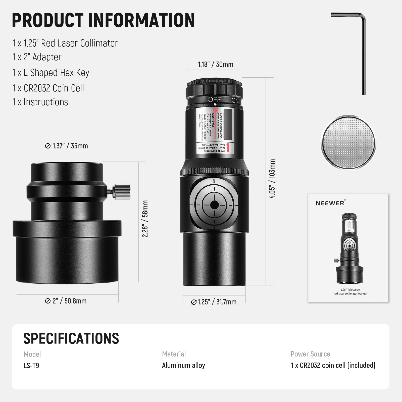 Package Information of the NEEWER LS-T9 1.25" Red Laser Collimator