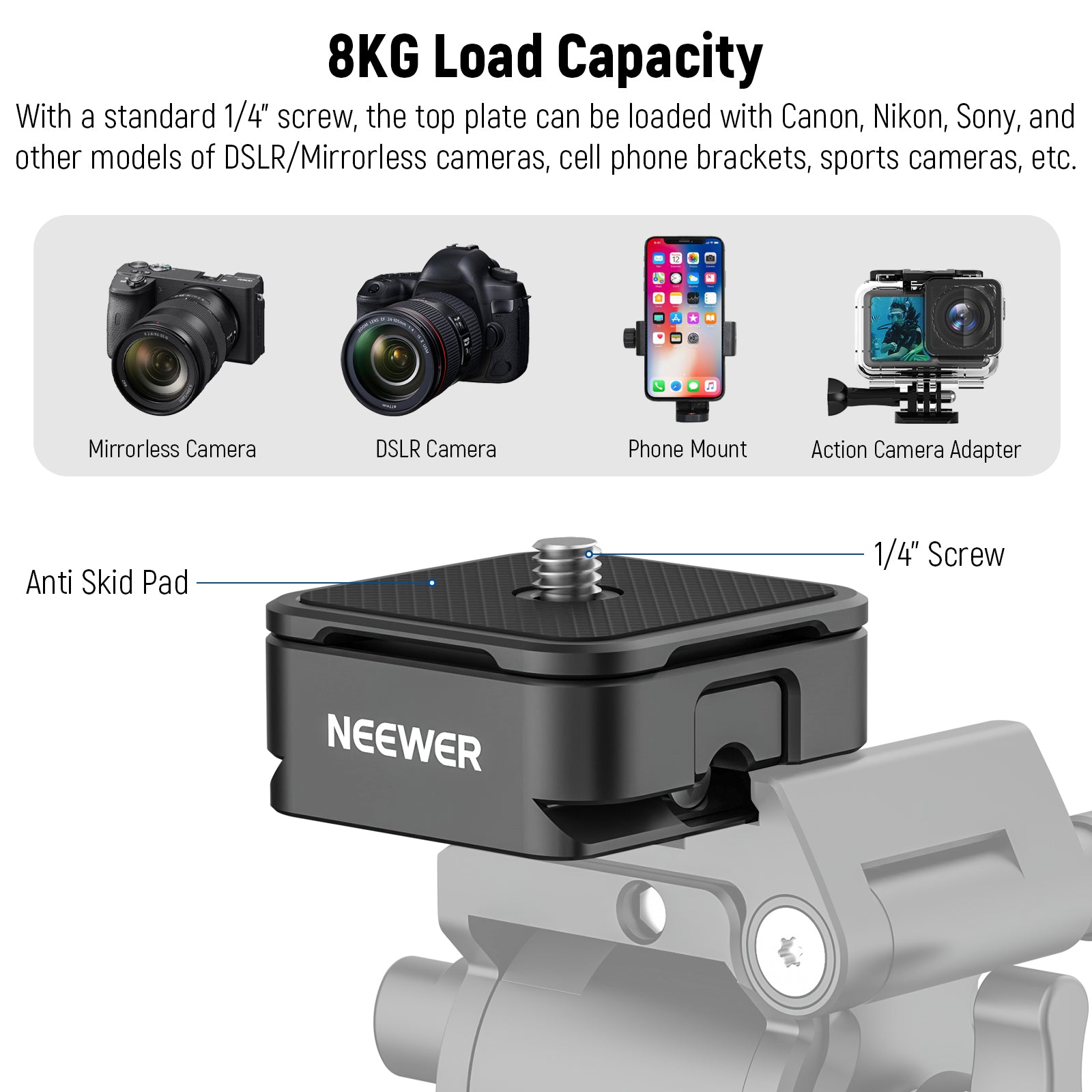 NEEWER CA009 Arca Type Quick Release Plate can be loaded up to 8kg.