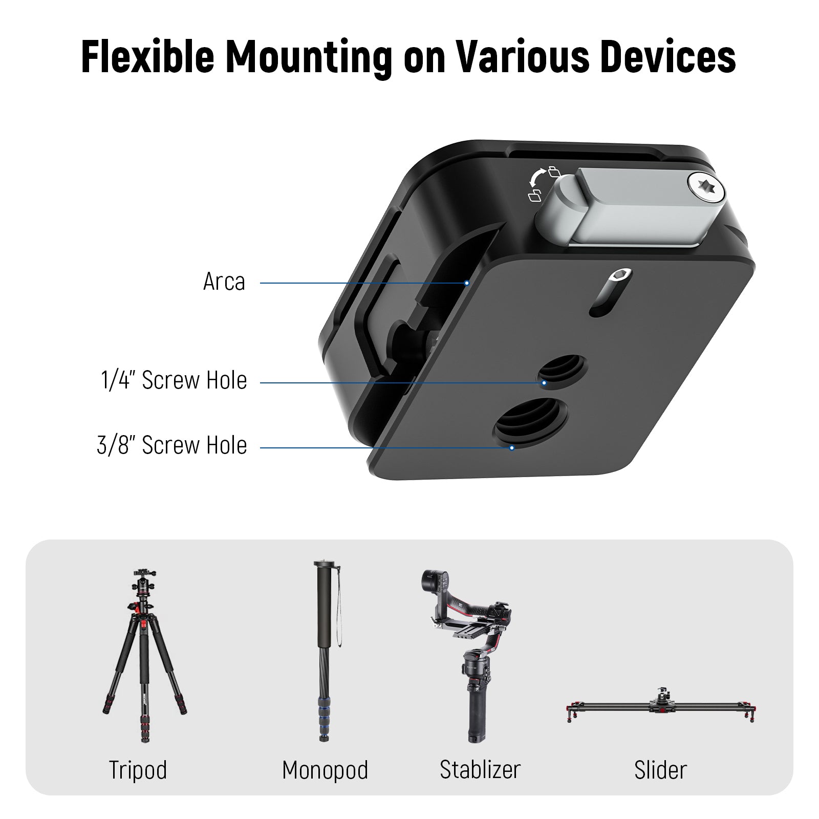 NEEWER CA009 Arca Type Quick Release Plate is flexible to muonting on various devices.
